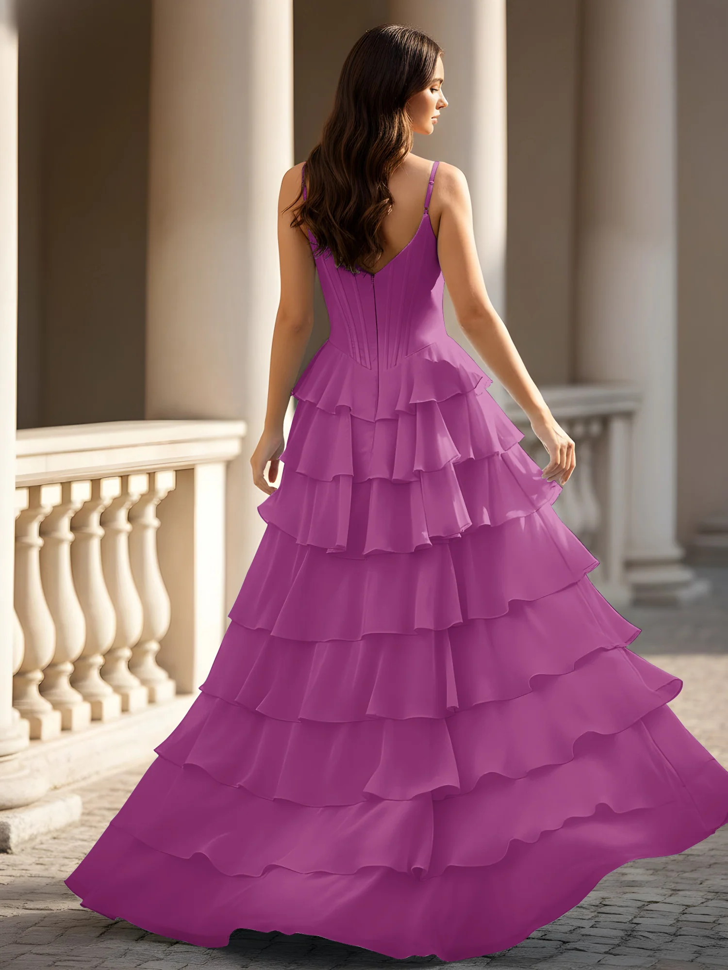 Spaghetti Straps A-Line Chiffon Tiered Dress With Slit Orchid - Image 2