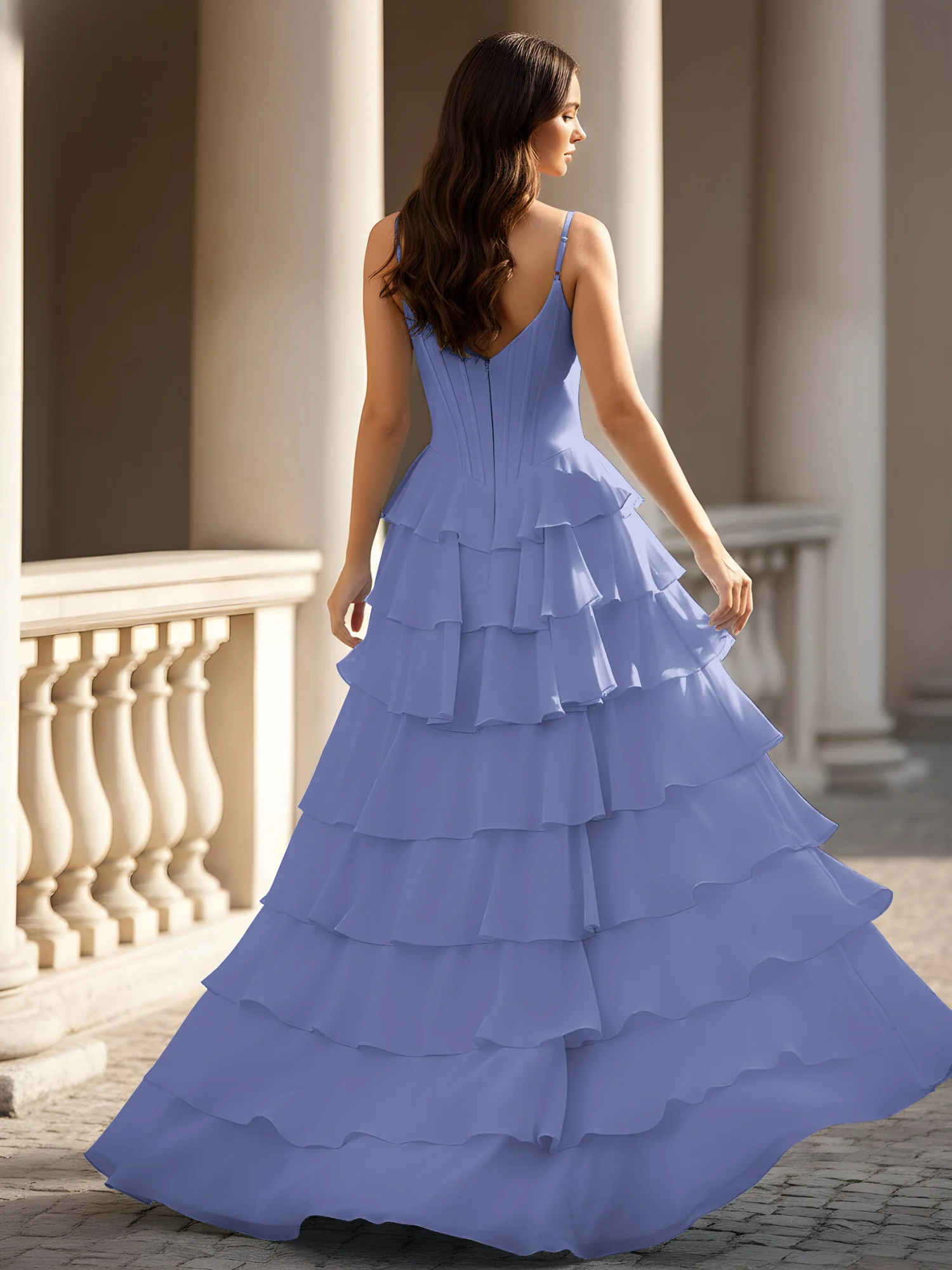Spaghetti Straps A-Line Chiffon Tiered Dress With Slit Periwinkle - Image 2