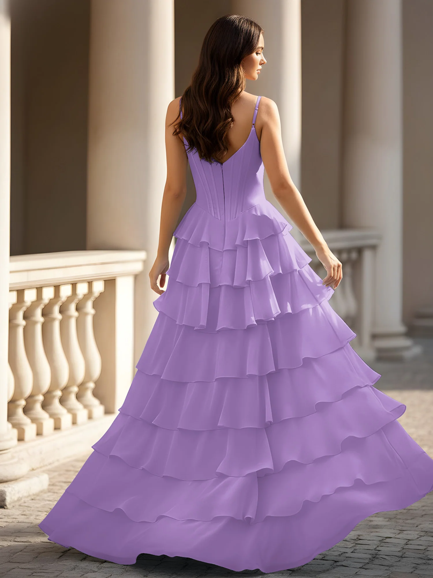 Spaghetti Straps A-Line Chiffon Tiered Dress With Slit Tahiti - Image 2