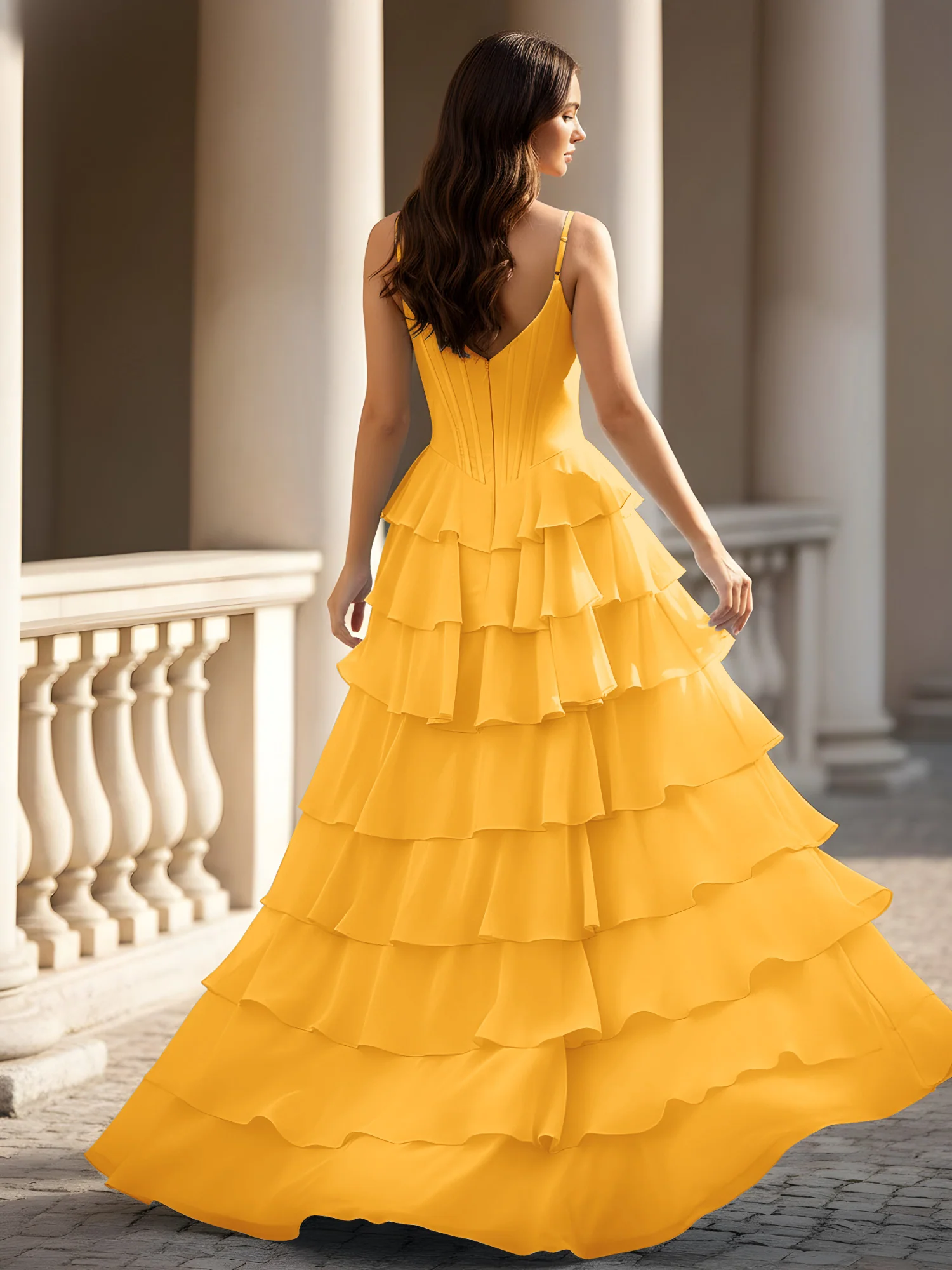 Spaghetti Straps A-Line Chiffon Tiered Dress With Slit Tangerine - Image 2