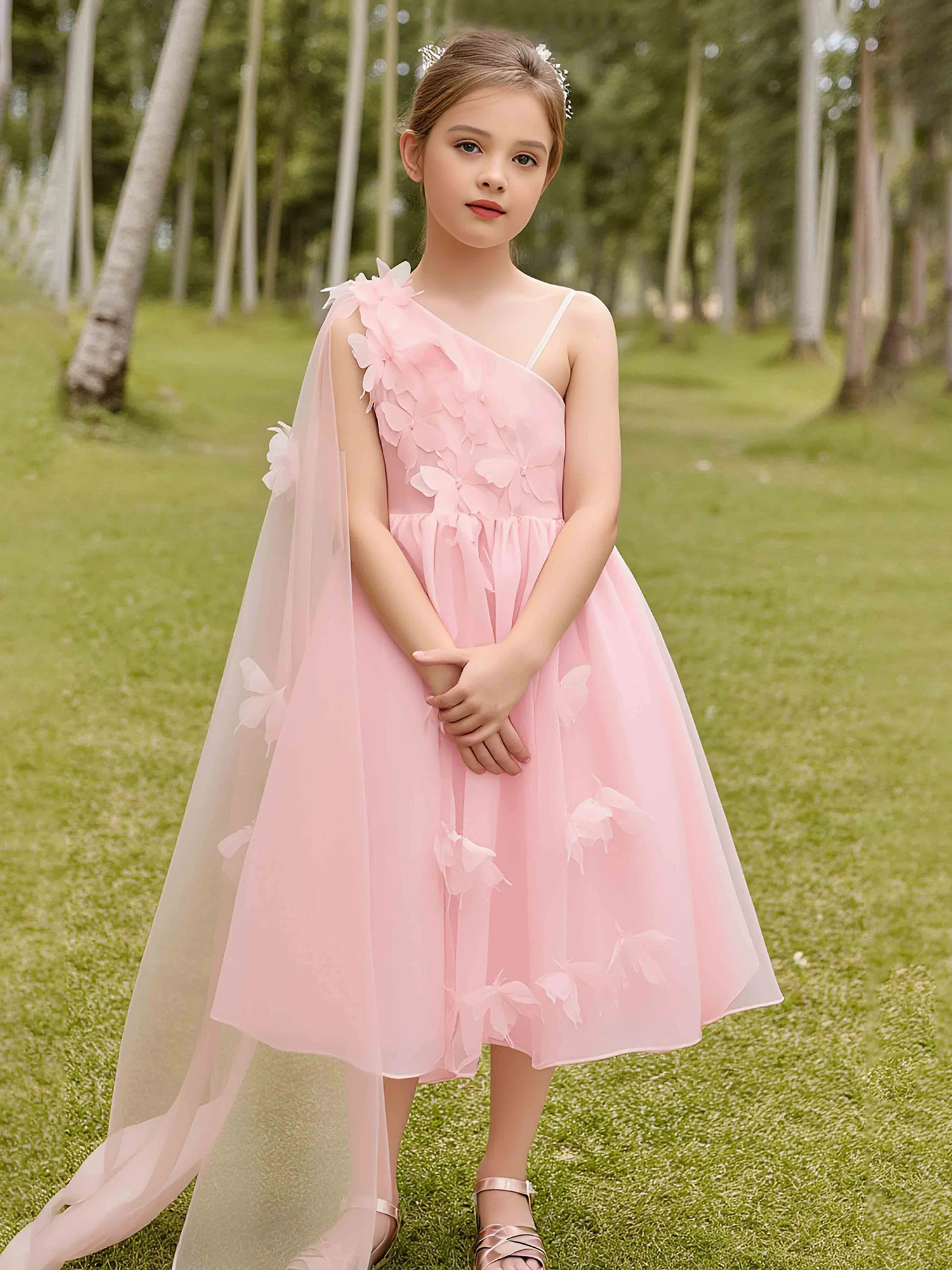 3D Butterfly Applique One Shoulder Flower Girl Dress Blushing Pink