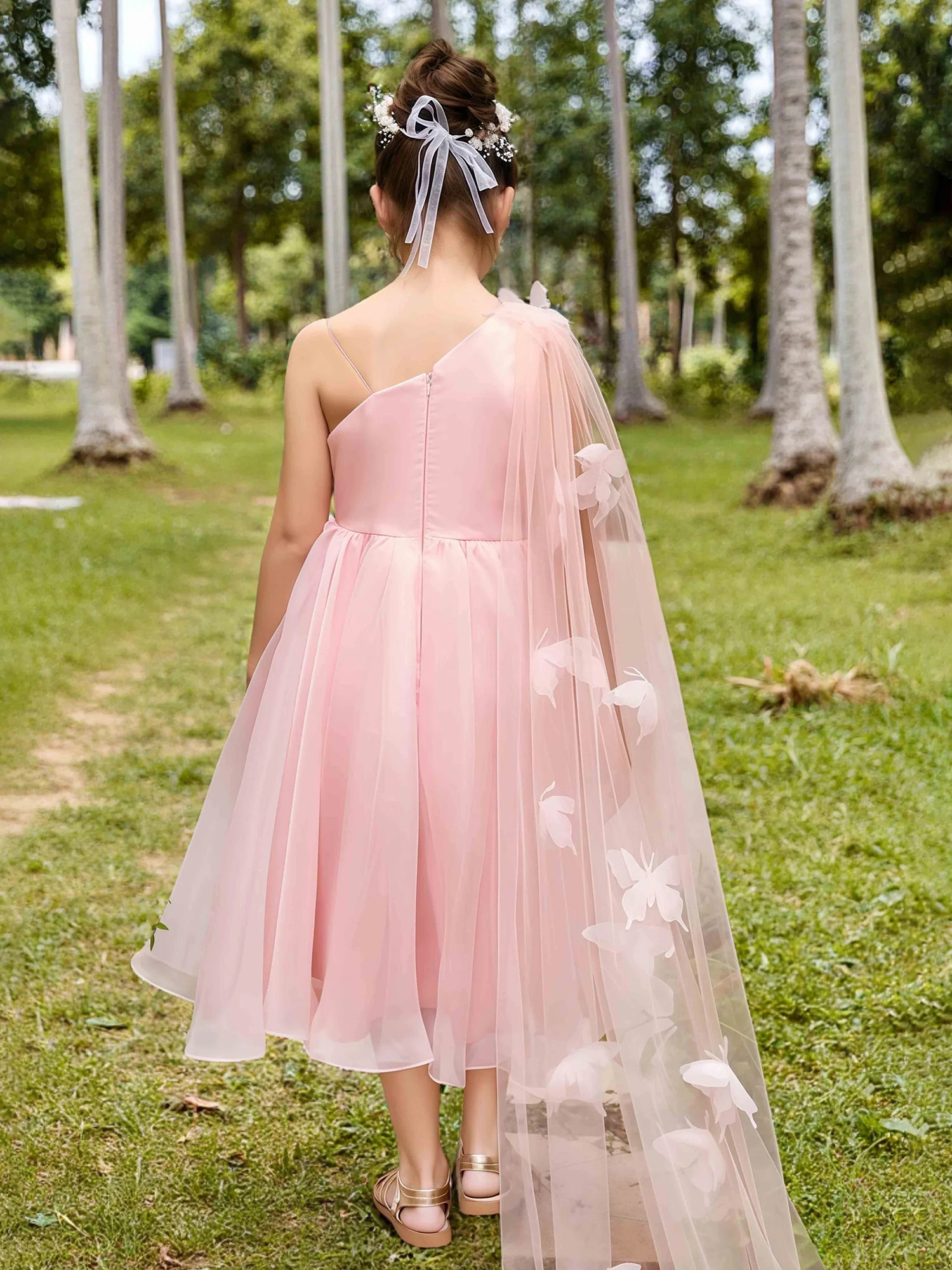 3D Butterfly Applique One Shoulder Flower Girl Dress Blushing Pink - Image 2