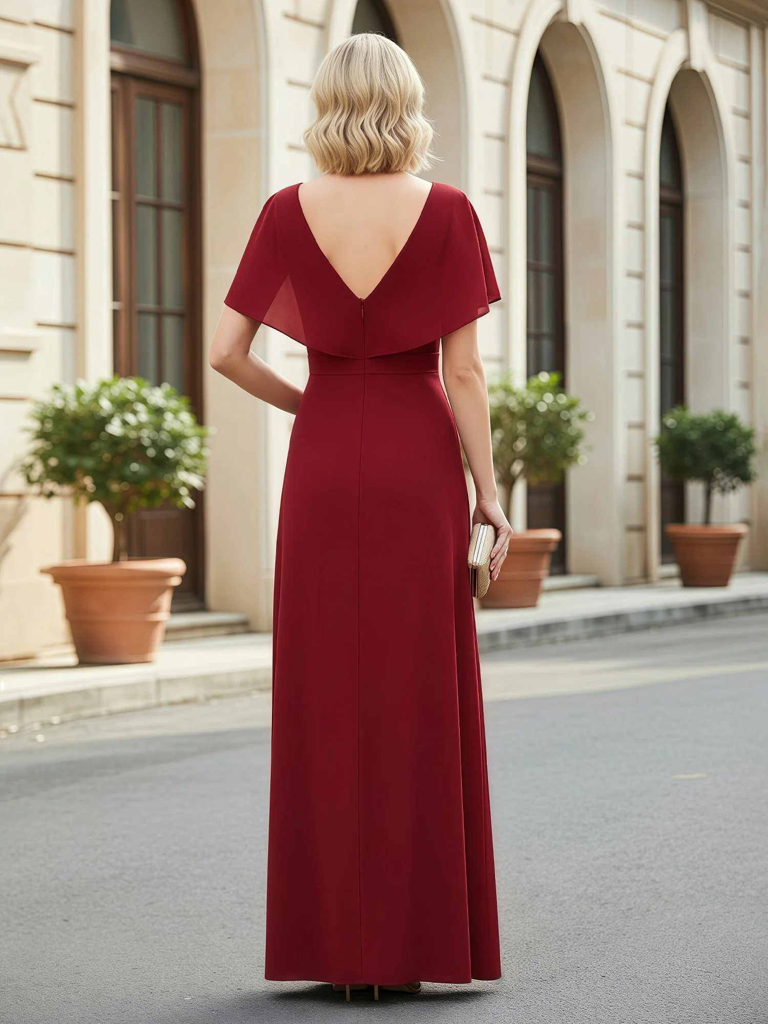 A-Line Flutter Sleeves Pleated V-neck Dress With Slit Daffodil - Image 2