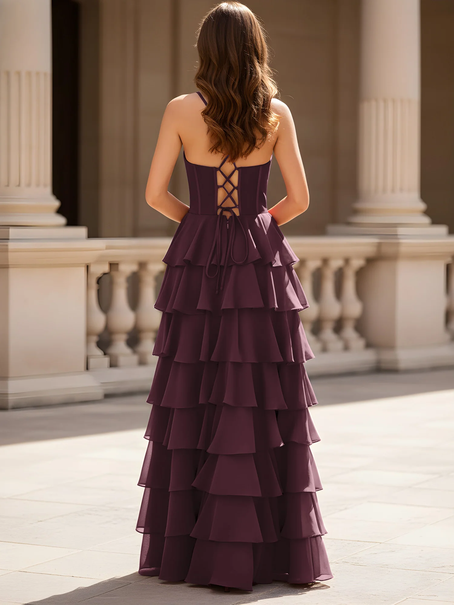 Sweetheart Neck A-Line Tiered Chiffon Slit Dress Cabernet - Image 2