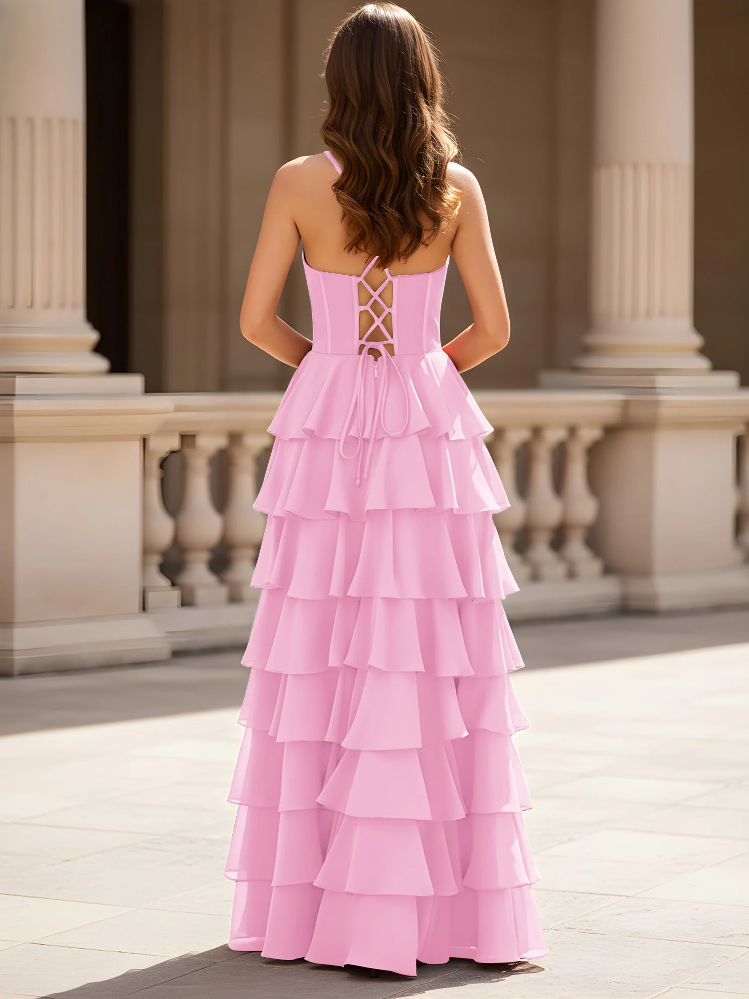 Sweetheart Neck A-Line Tiered Chiffon Slit Dress Candy Pink - Image 2