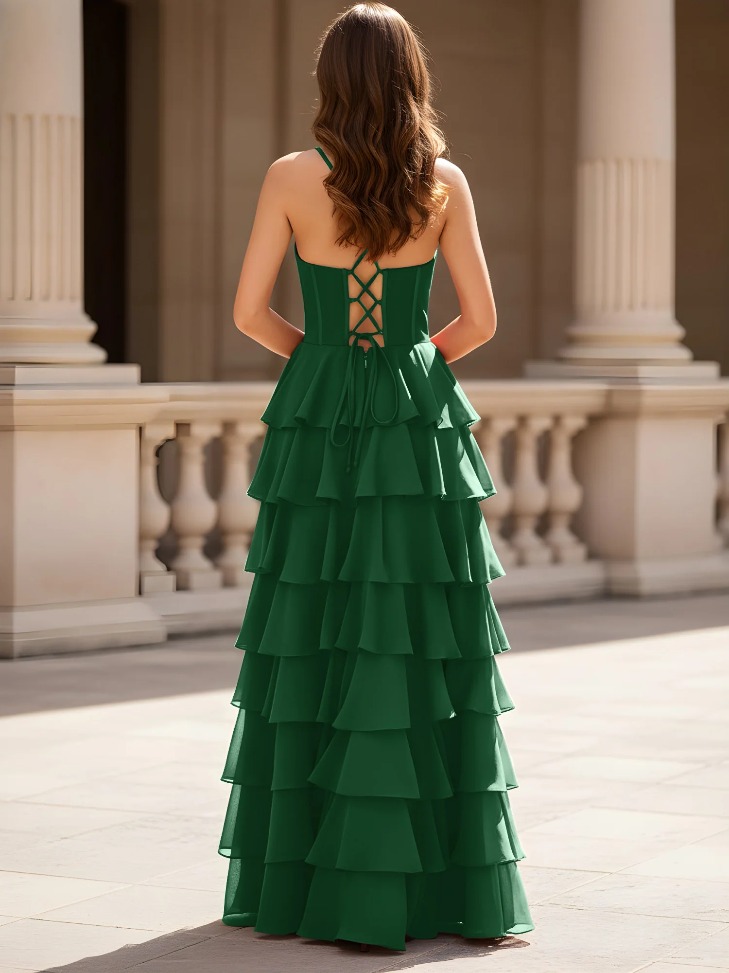 Sweetheart Neck A-Line Tiered Chiffon Slit Dress Dark Green - Image 2