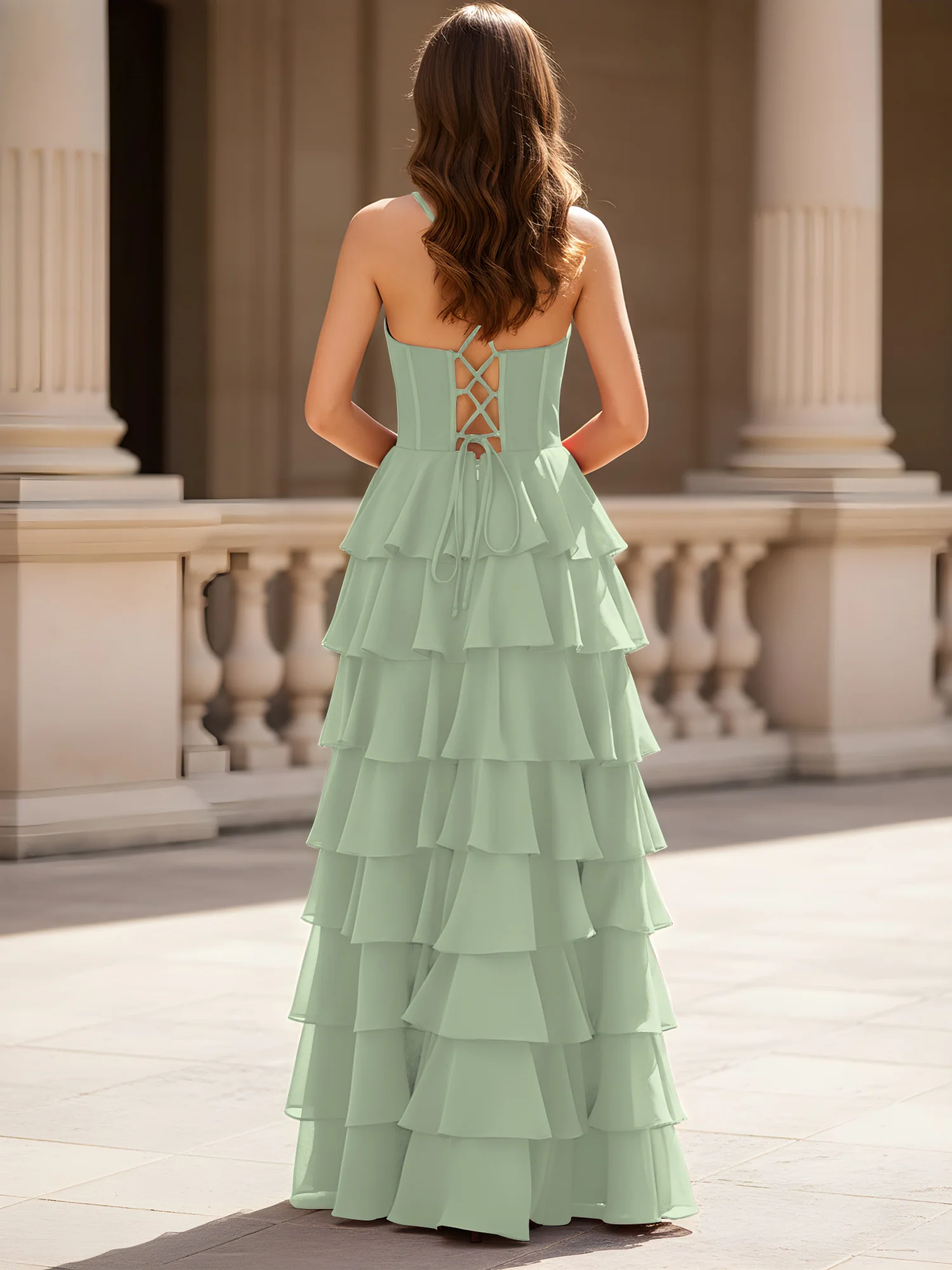 Sweetheart Neck A-Line Tiered Chiffon Slit Dress Dusty Sage - Image 2