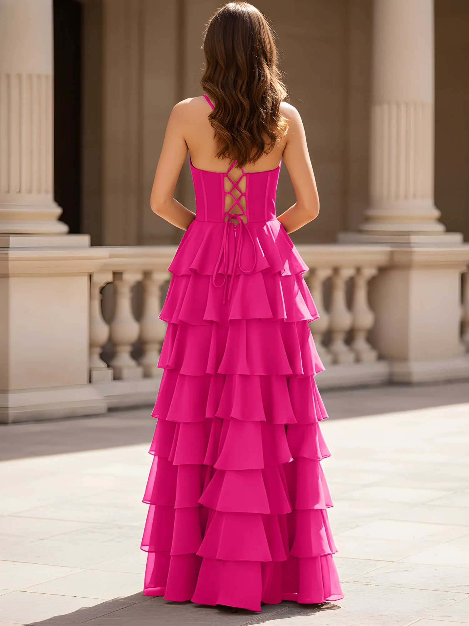 Sweetheart Neck A-Line Tiered Chiffon Slit Dress Fuchsia - Image 2