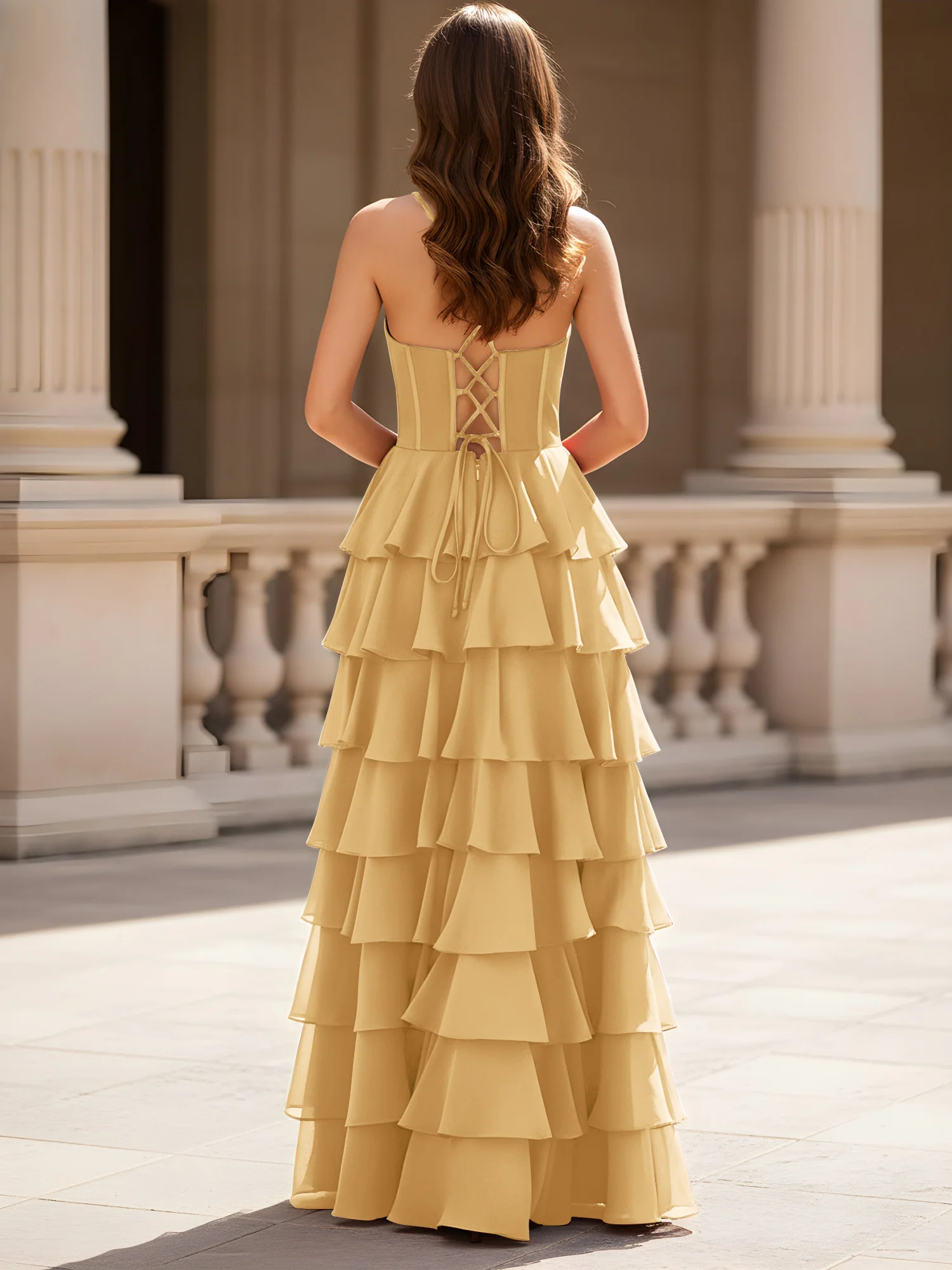 Sweetheart Neck A-Line Tiered Chiffon Slit Dress Gold - Image 2