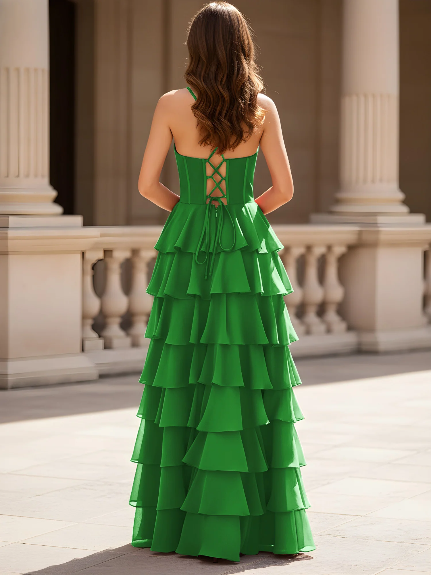 Sweetheart Neck A-Line Tiered Chiffon Slit Dress Green - Image 2