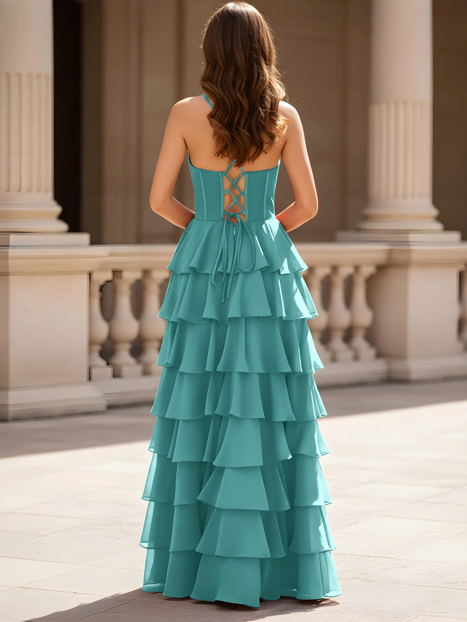 Sweetheart Neck A-Line Tiered Chiffon Slit Dress Jade - Image 2