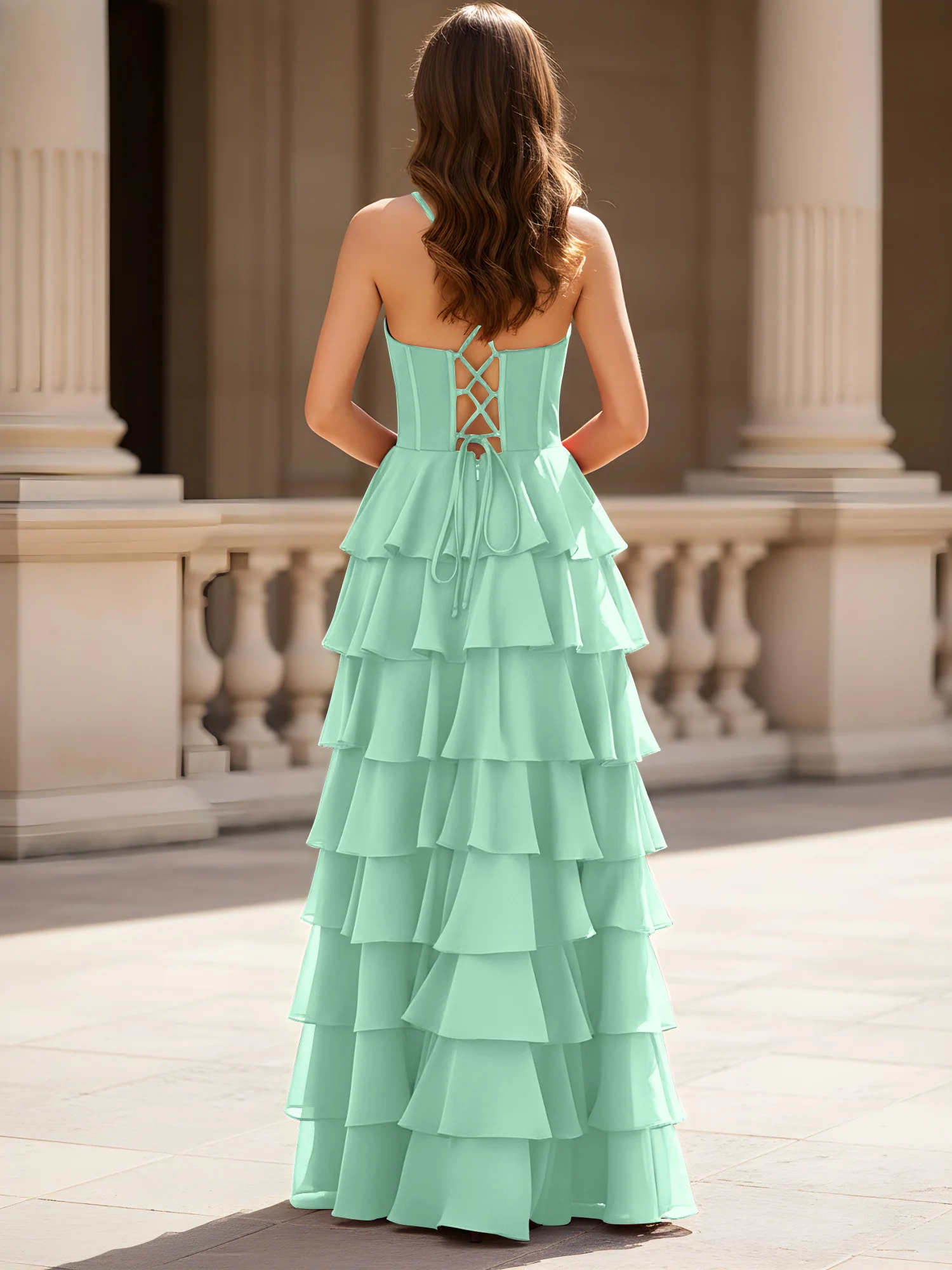 Sweetheart Neck A-Line Tiered Chiffon Slit Dress Mint Green - Image 2
