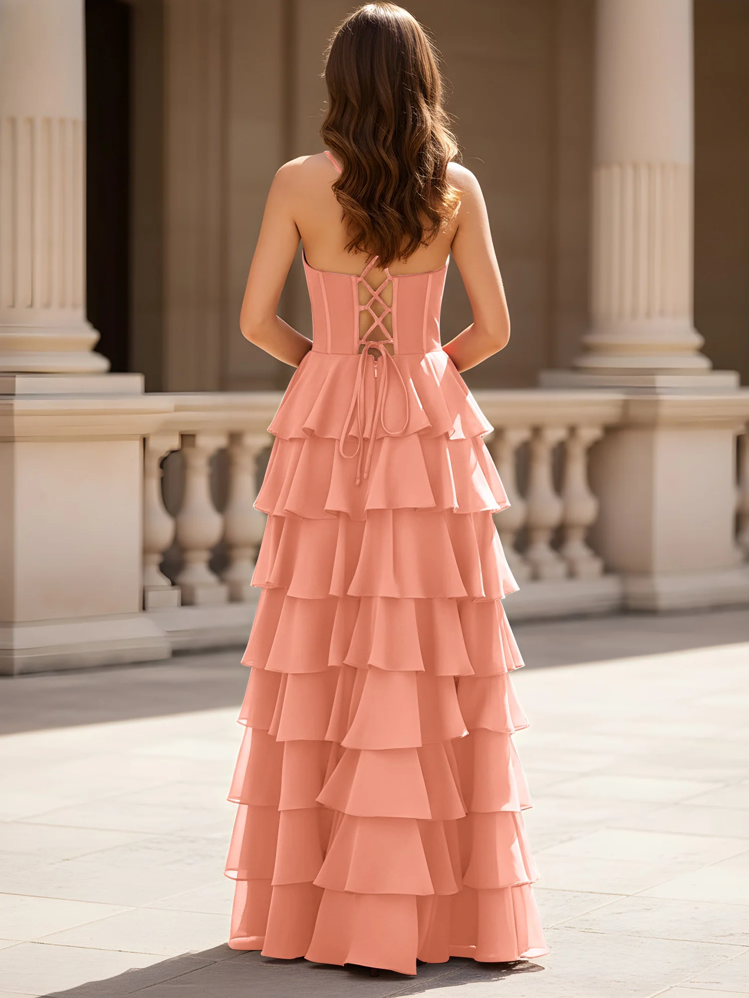 Sweetheart Neck A-Line Tiered Chiffon Slit Dress Papaya - Image 2