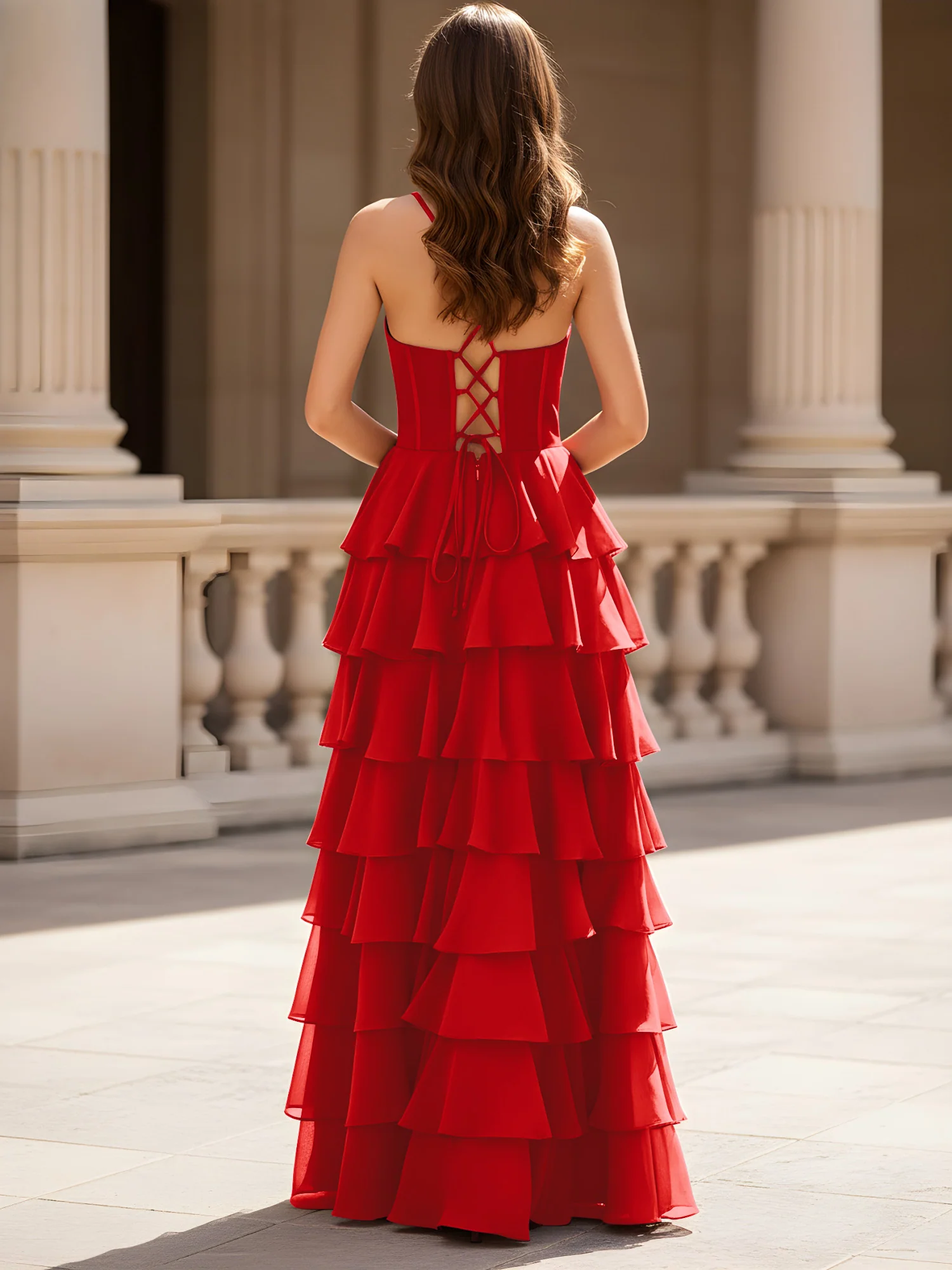 Sweetheart Neck A-Line Tiered Chiffon Slit Dress Red - Image 2