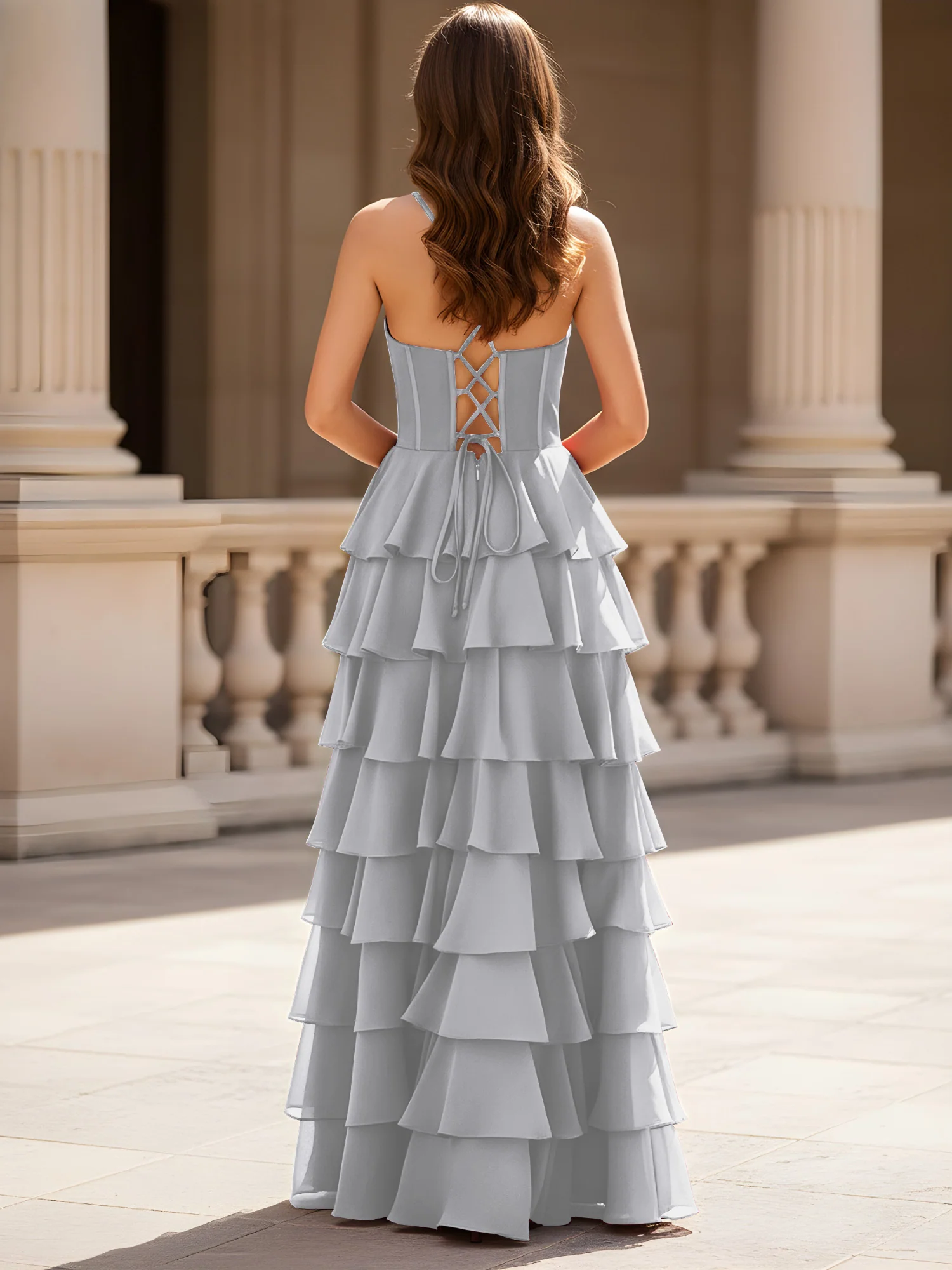Sweetheart Neck A-Line Tiered Chiffon Slit Dress Silver - Image 2