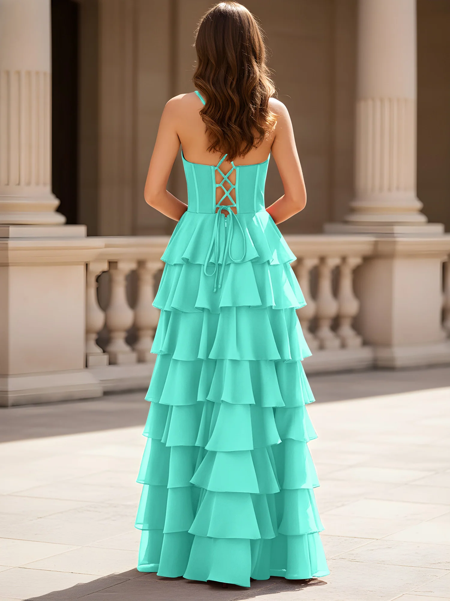 Sweetheart Neck A-Line Tiered Chiffon Slit Dress Spa - Image 2