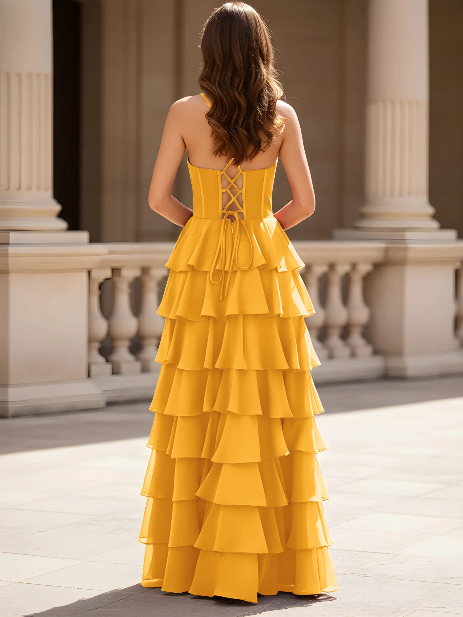 Sweetheart Neck A-Line Tiered Chiffon Slit Dress Tangerine - Image 2