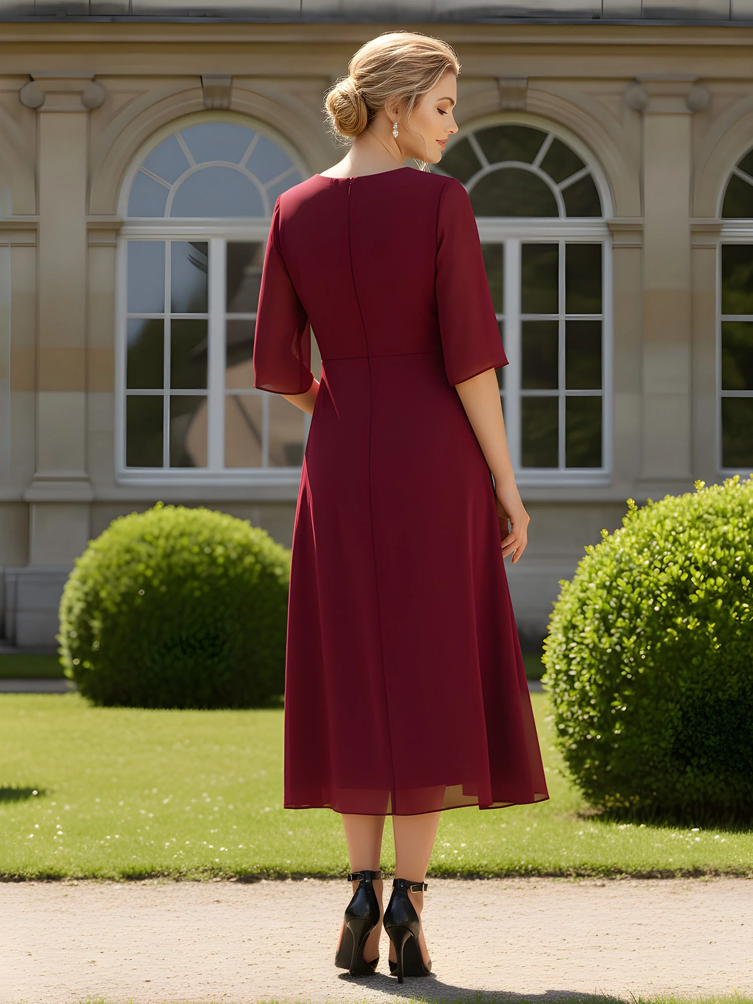 Square Neck Chiffon A-Line Tea-Length Dress with Jacket Dusty Blue - Image 2