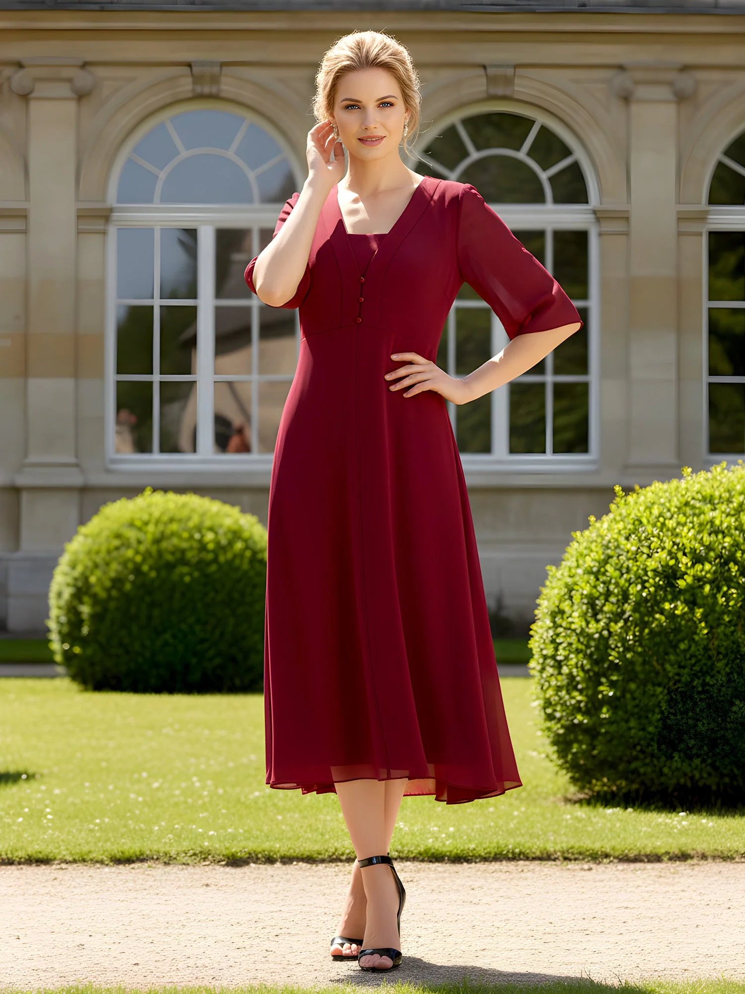 Square Neck Chiffon A-Line Tea-Length Dress with Jacket Flamingo