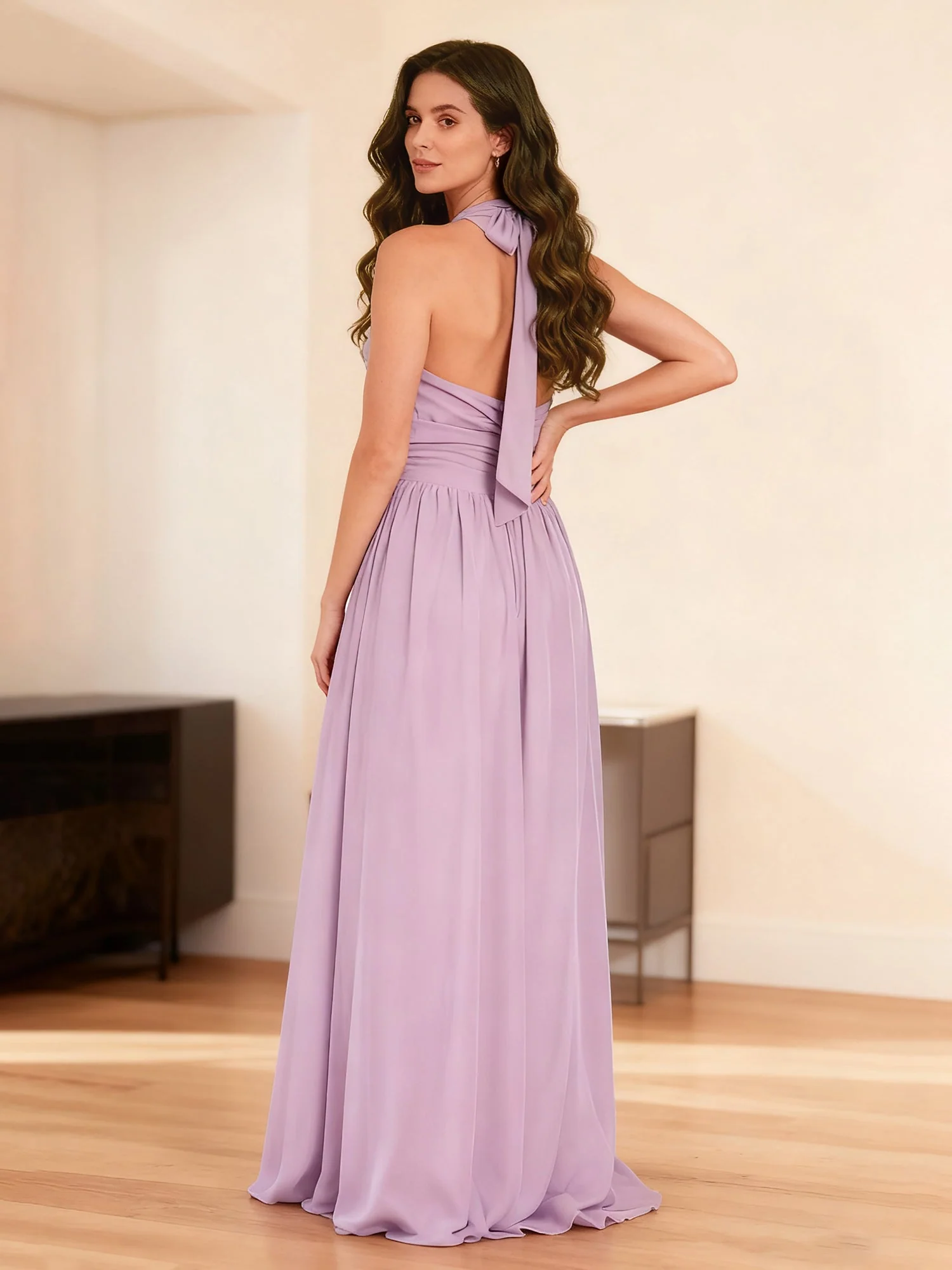 Halter Neck Pleated Ruffles Chiffon A-Line Dress Emerald - Image 2