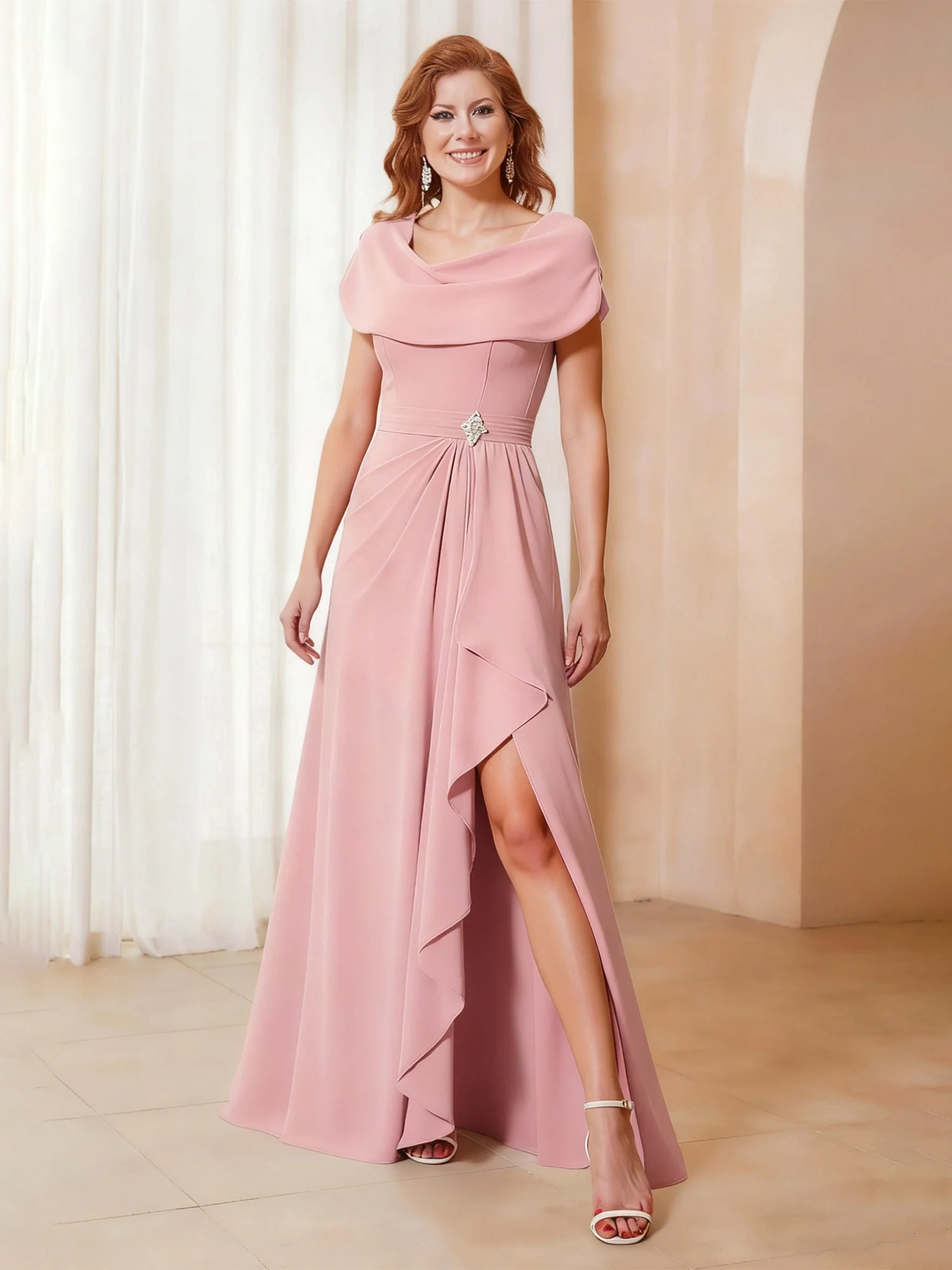 Cowl Neck A-Line Chiffon Ruffle Long Dress With Slit Orchid