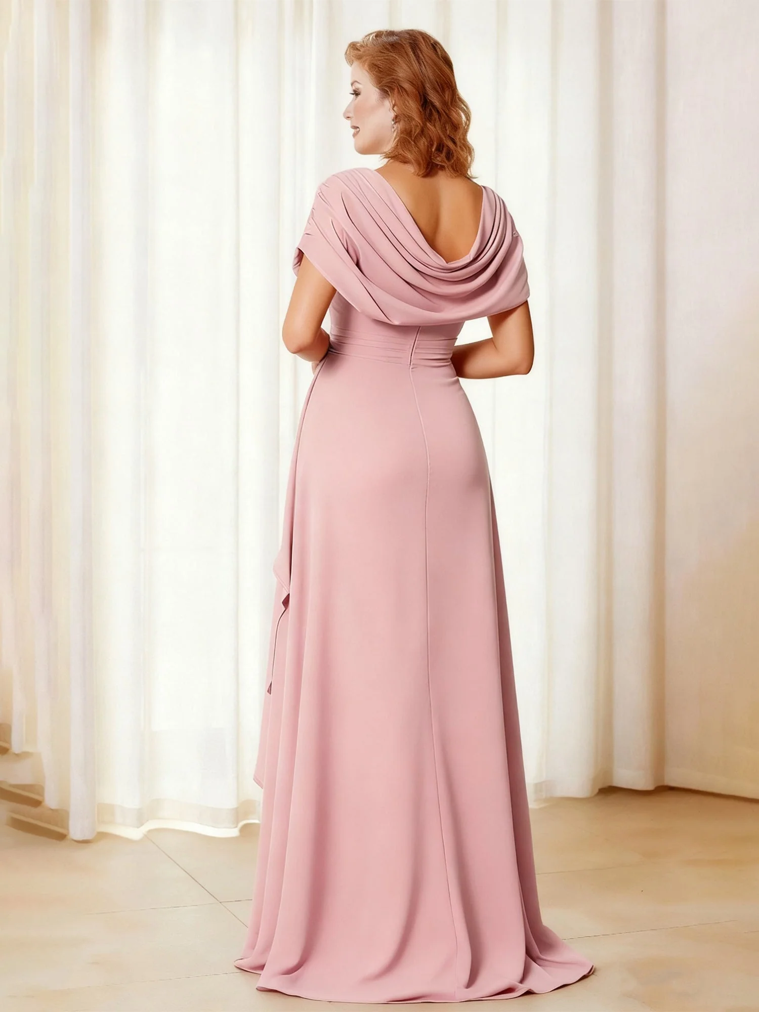 Cowl Neck A-Line Chiffon Ruffle Long Dress With Slit Pool - Image 2
