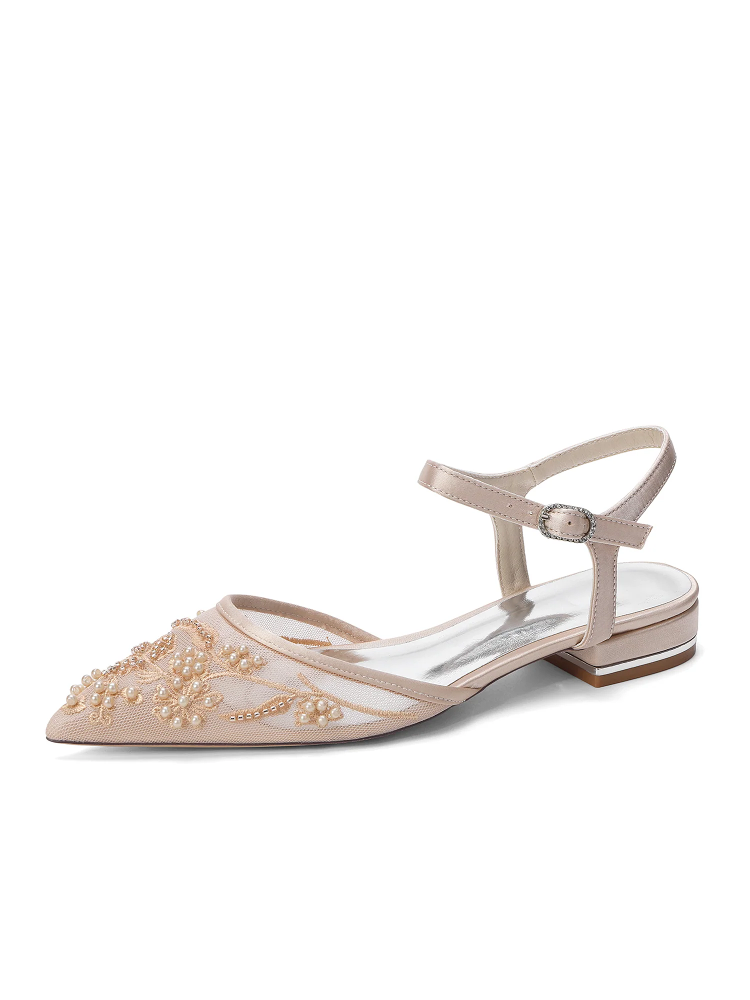 Pointed Toe Pearl Embroidery Ankle Strap Flats