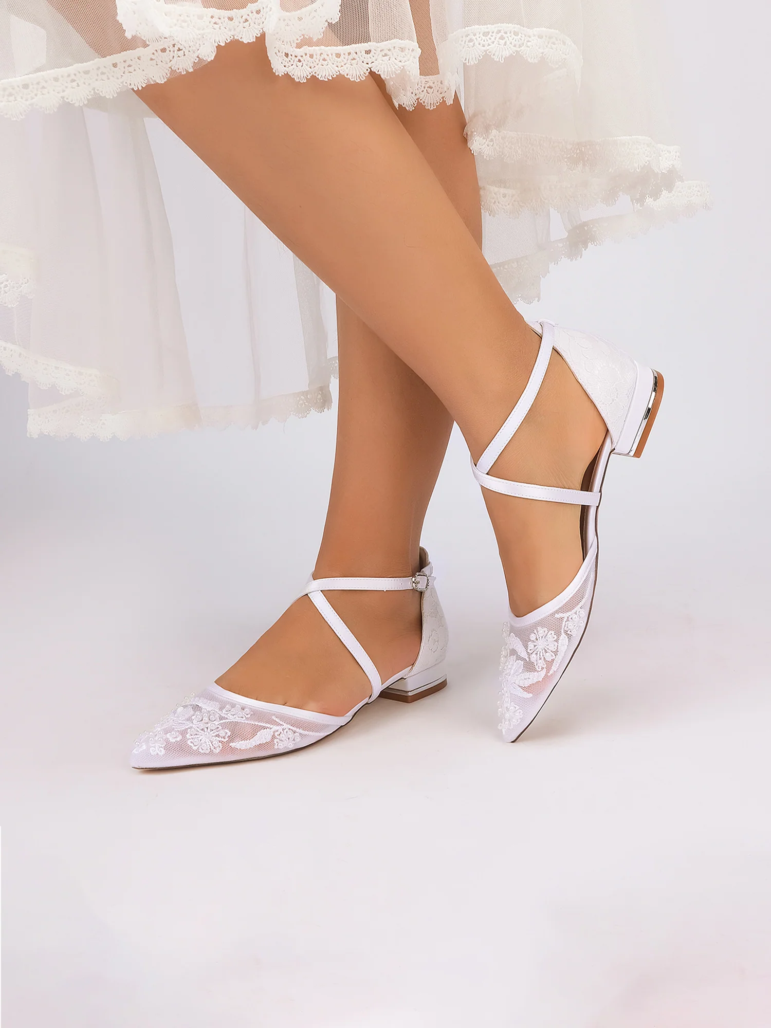 Pointed Toe Mesh Flats with Cross Ankle Straps & Beading - Image 11