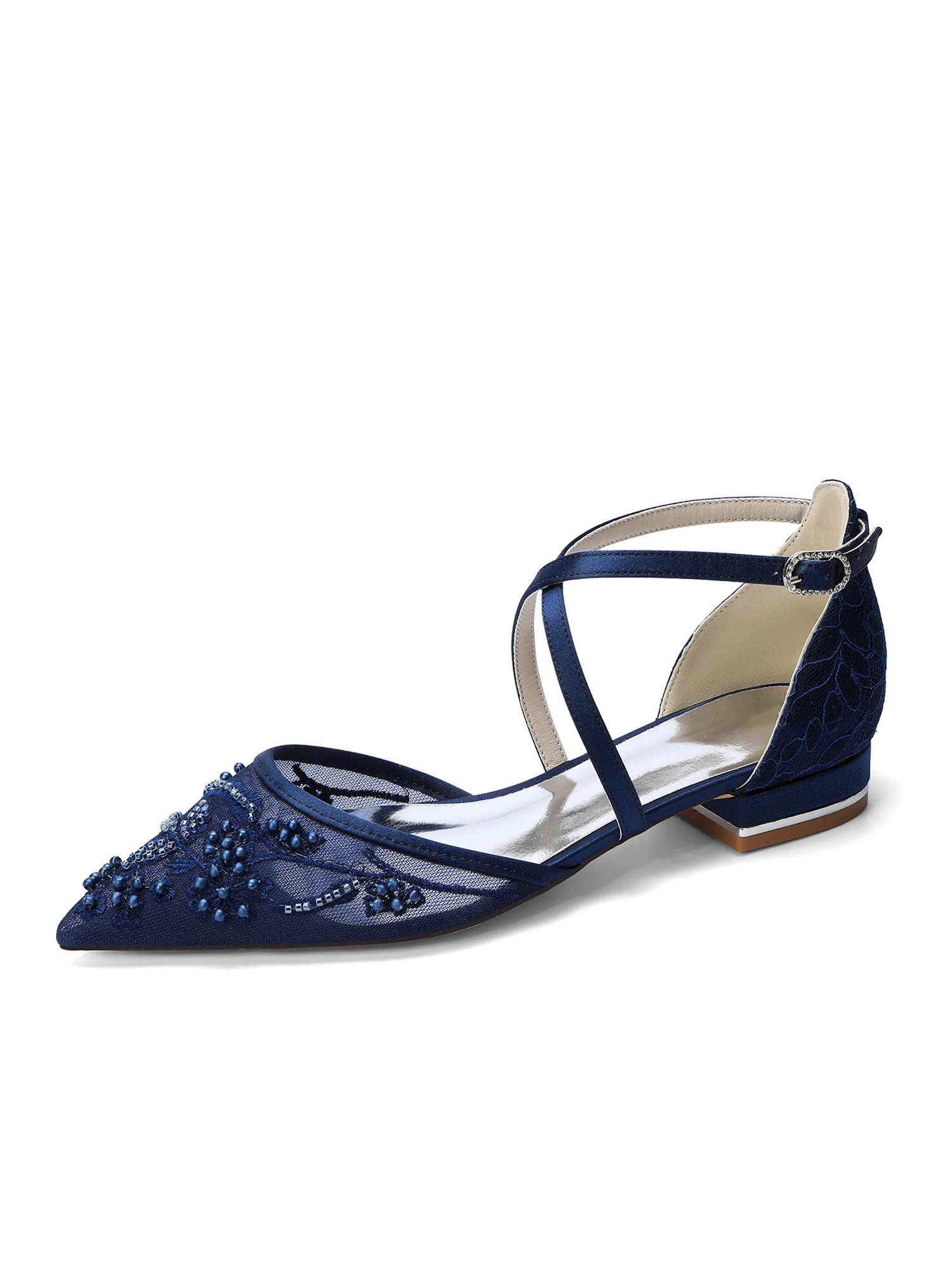 Pointed Toe Mesh Flats with Cross Ankle Straps & Beading - Image 2