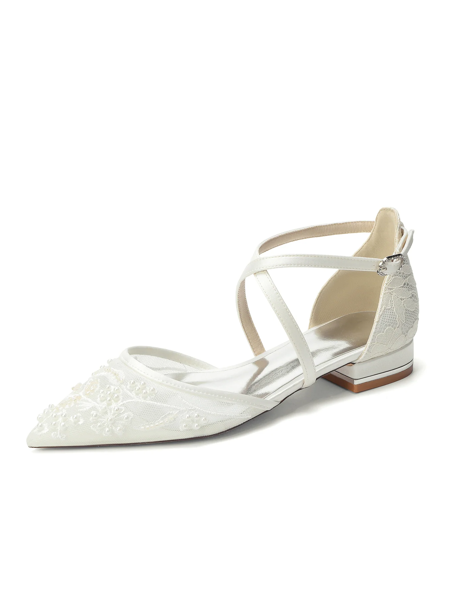 Pointed Toe Mesh Flats with Cross Ankle Straps & Beading - Image 3