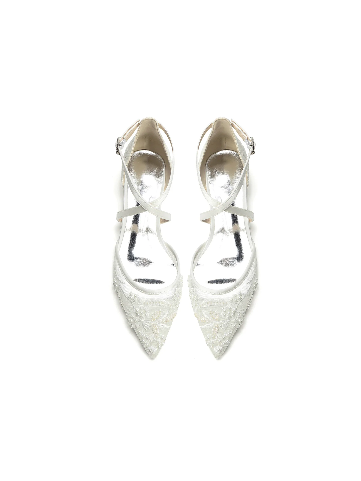 Pointed Toe Mesh Flats with Cross Ankle Straps & Beading - Image 6
