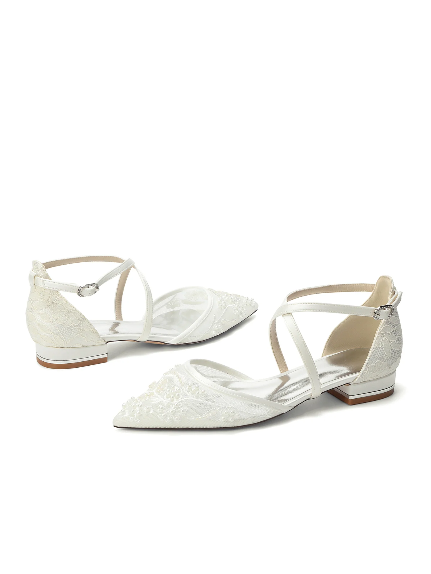 Pointed Toe Mesh Flats with Cross Ankle Straps & Beading - Image 7