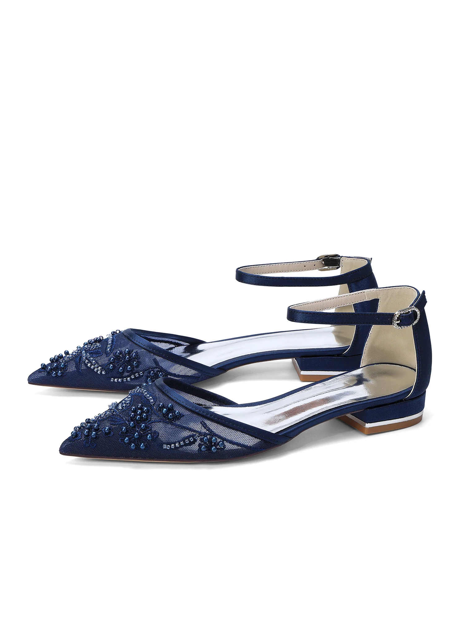 Pointed Toe Mesh Flats with Pearl Embroidery & Ankle Strap - Image 3