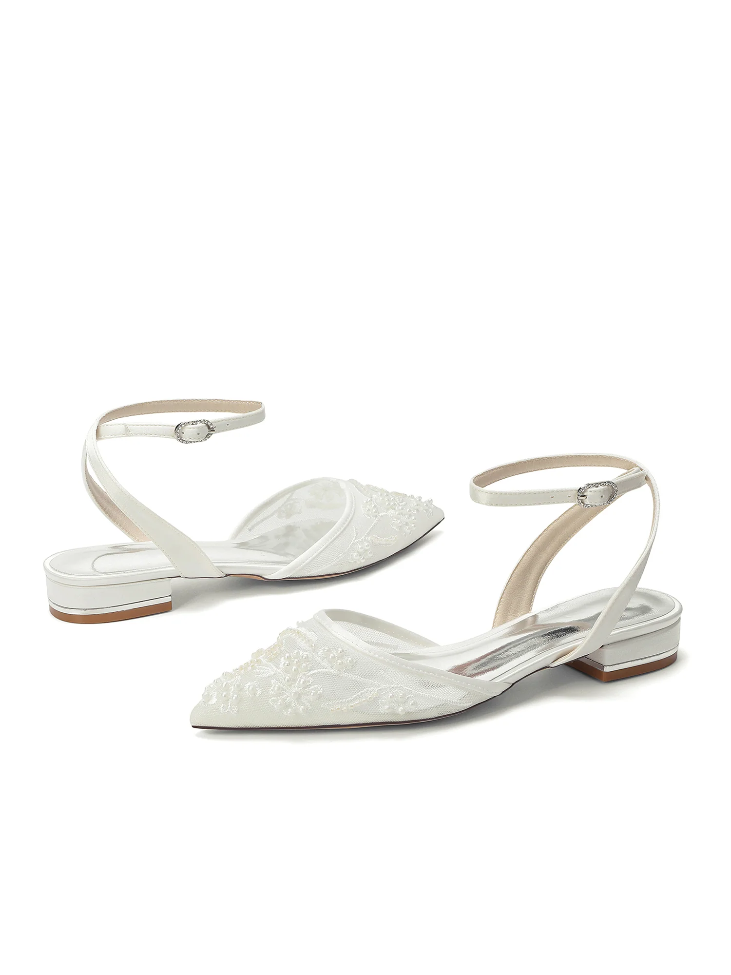 Pointed Toe Pearl Embroidery Ankle Strap Flats - Image 8