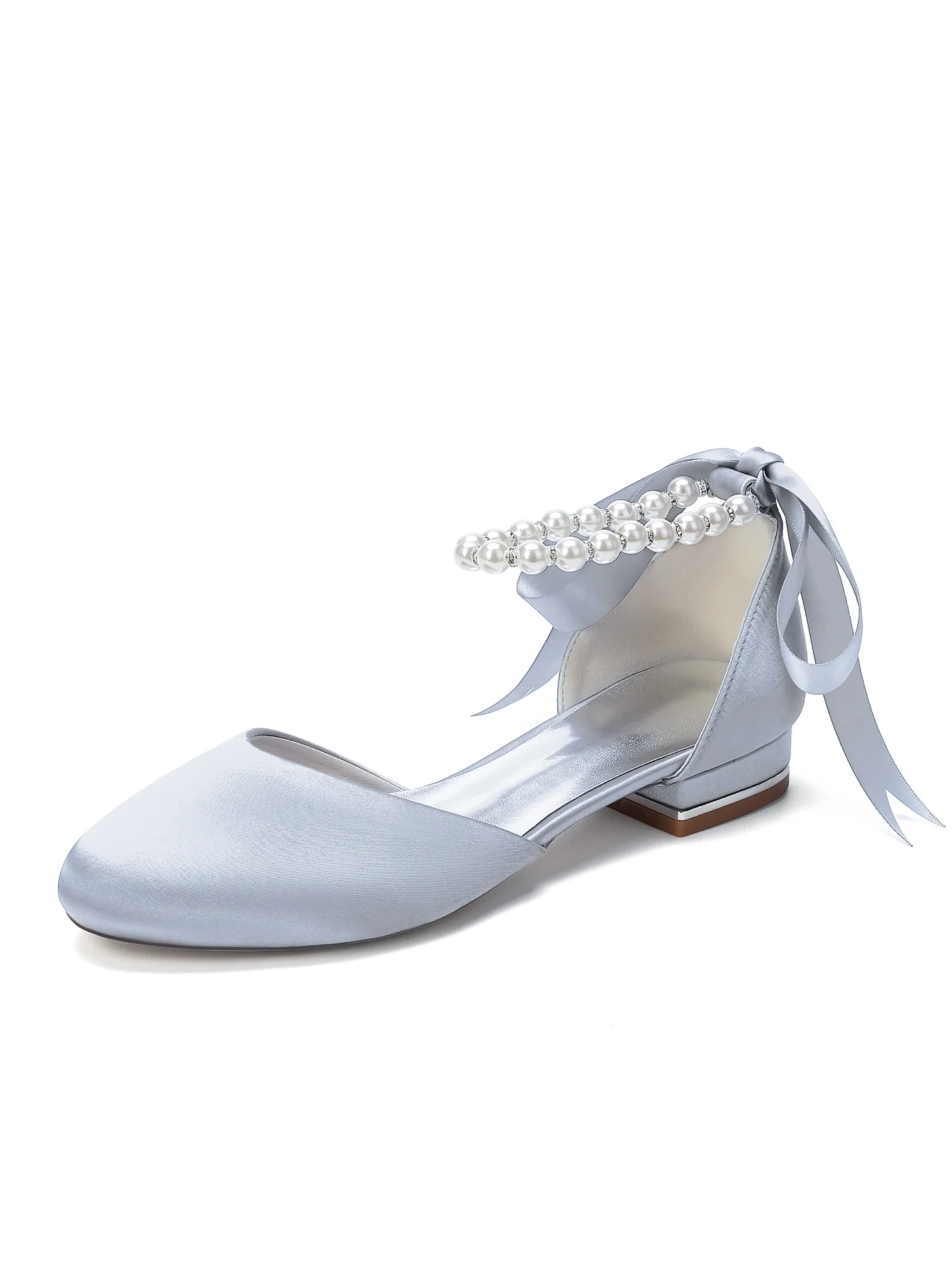 Pearl Ankle Strap Satin Low Block Heels with Bow - Image 6