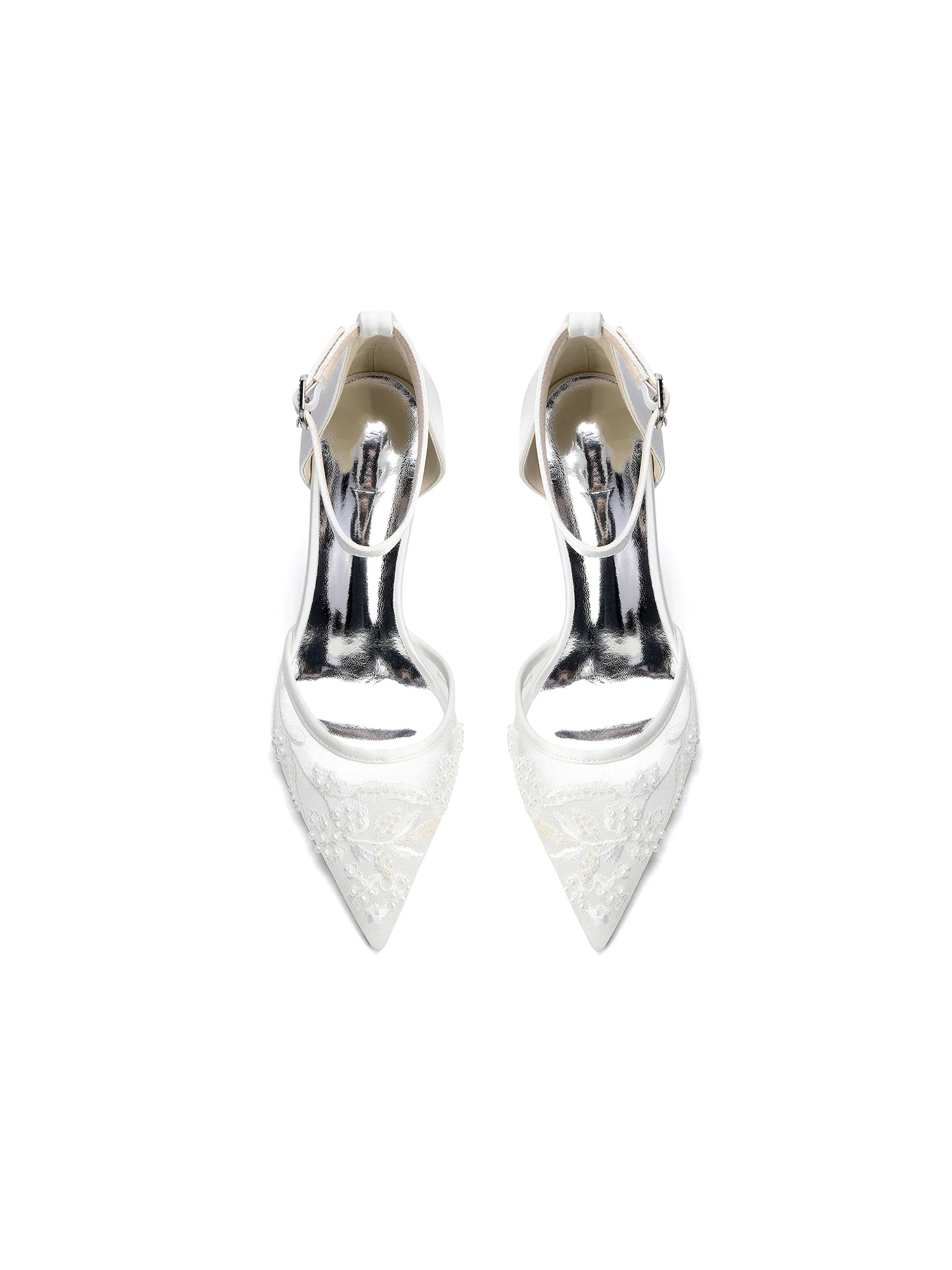 Pointed Toe Lace Mesh & Satin Stiletto Sandals - Image 6