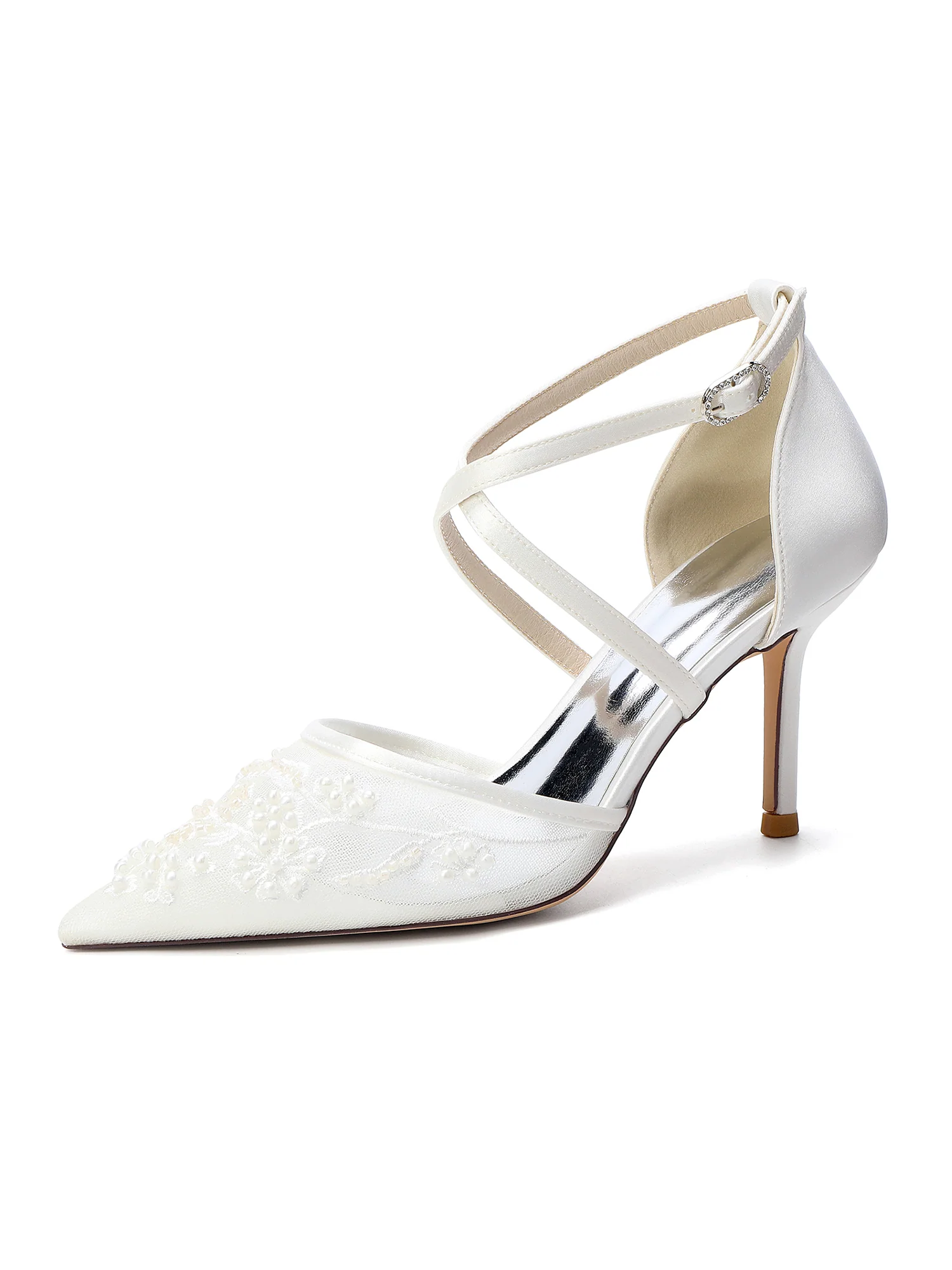 Pointed Toe Lace Mesh Cross Strap Pumps - Image 4