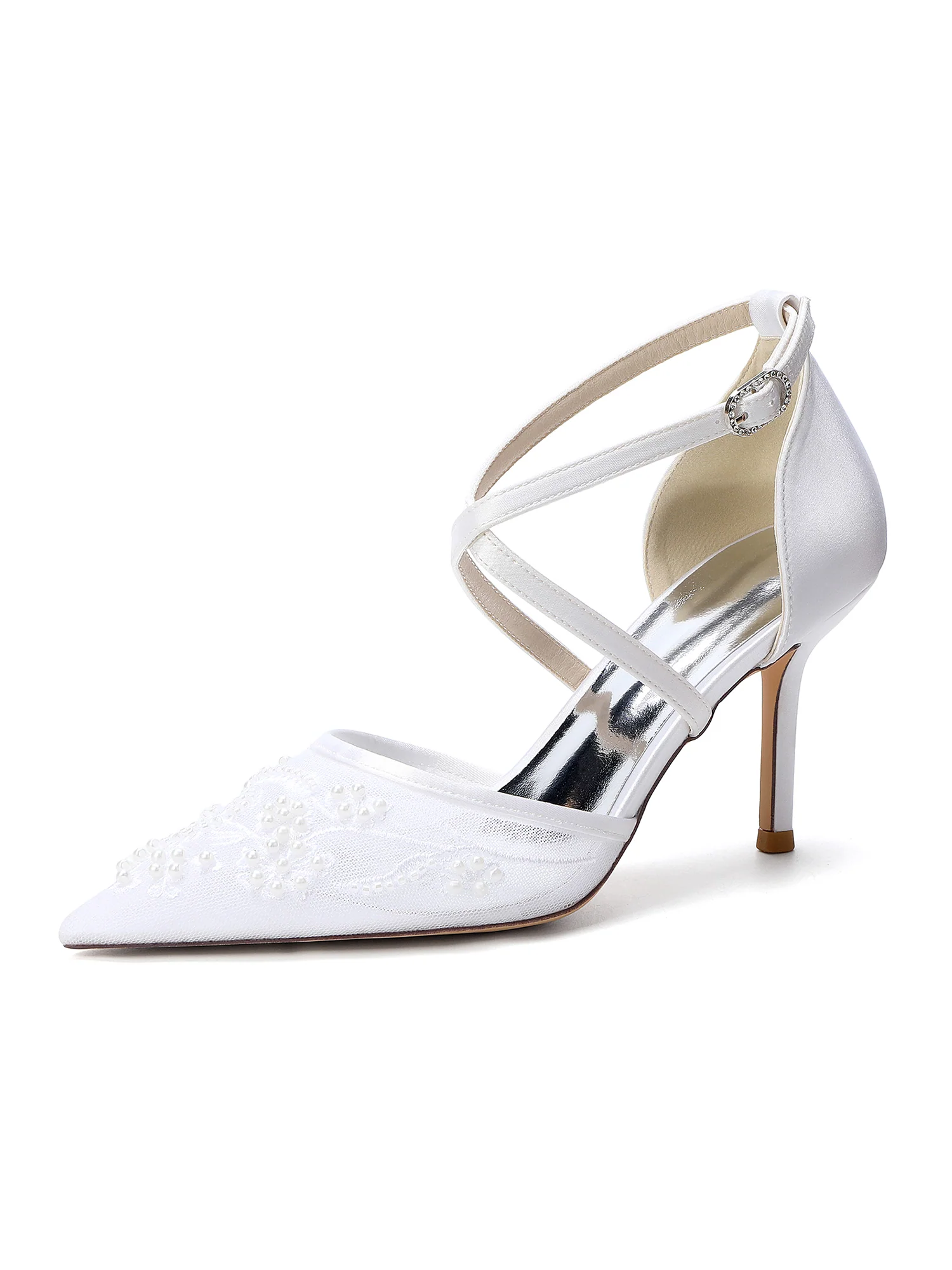 Pointed Toe Lace Mesh Cross Strap Pumps - Image 8