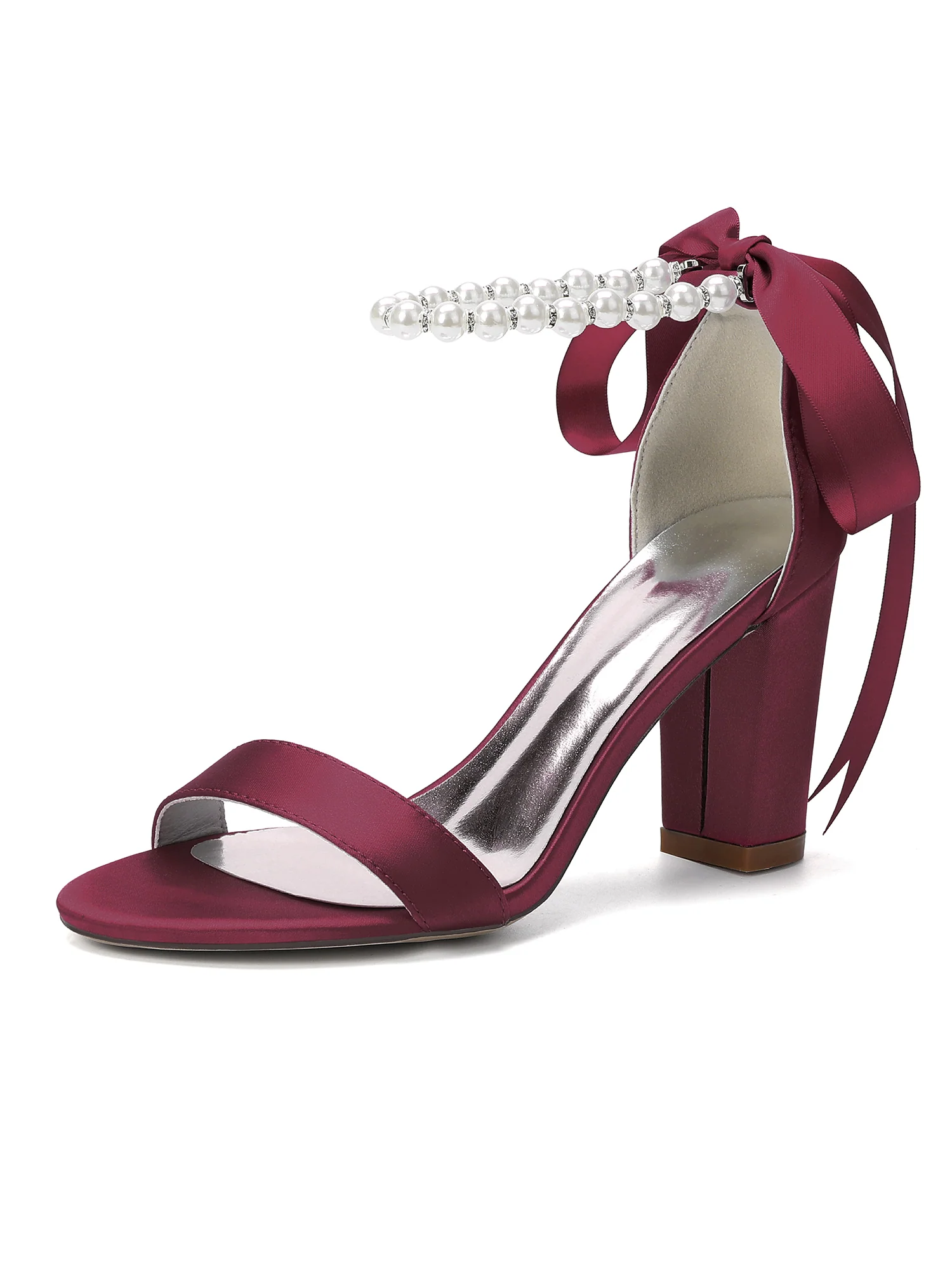 Pearl Ankle Strap Satin Block Heel Sandals - Image 2