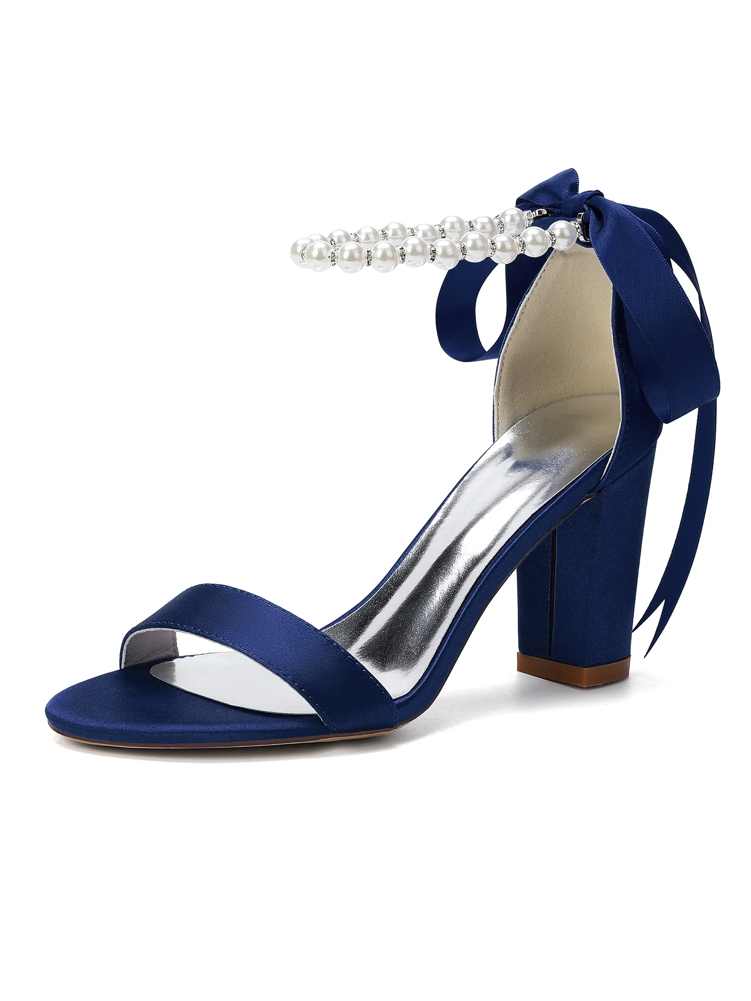 Pearl Ankle Strap Satin Block Heel Sandals - Image 5