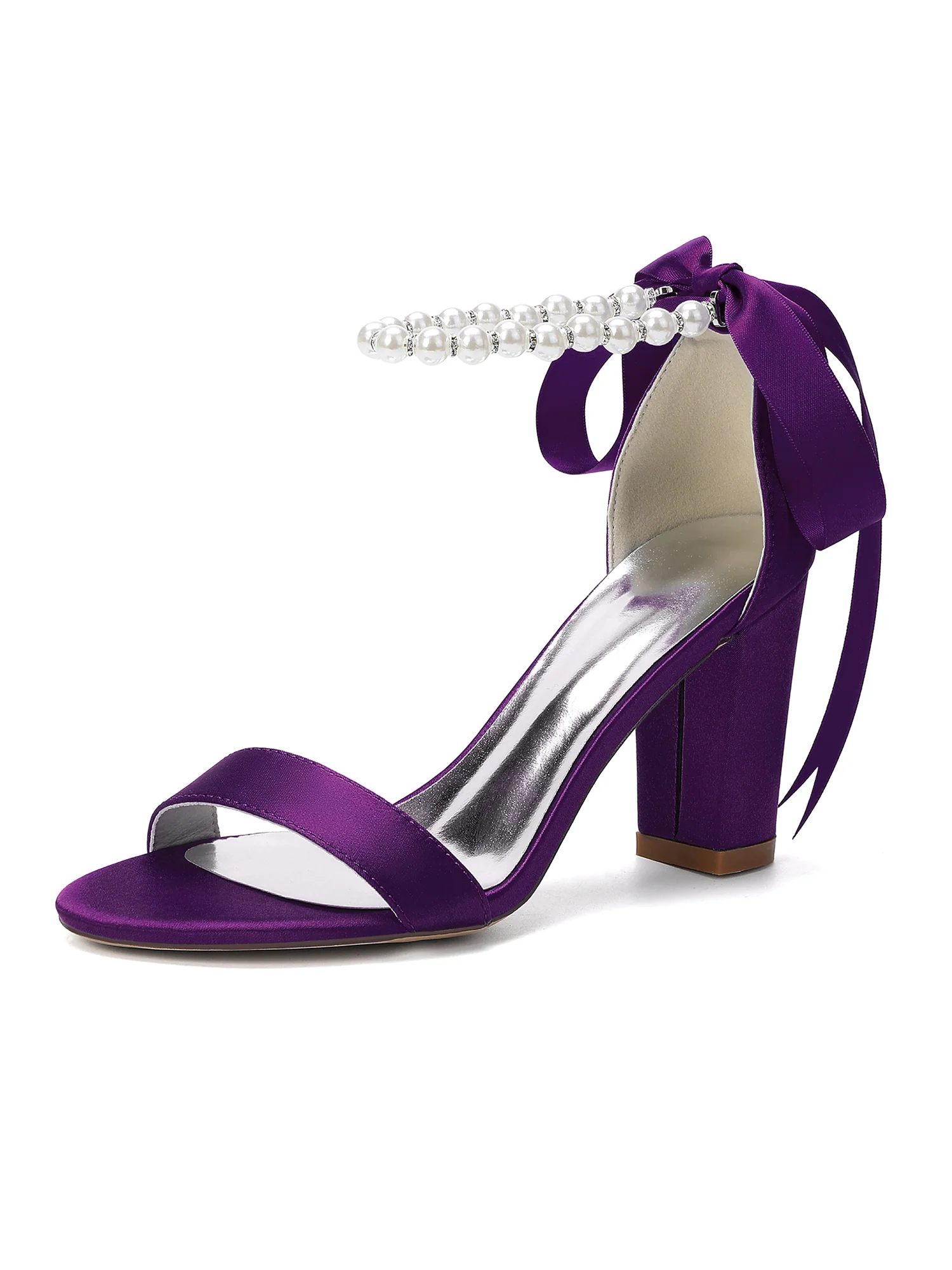 Pearl Ankle Strap Satin Block Heel Sandals - Image 8