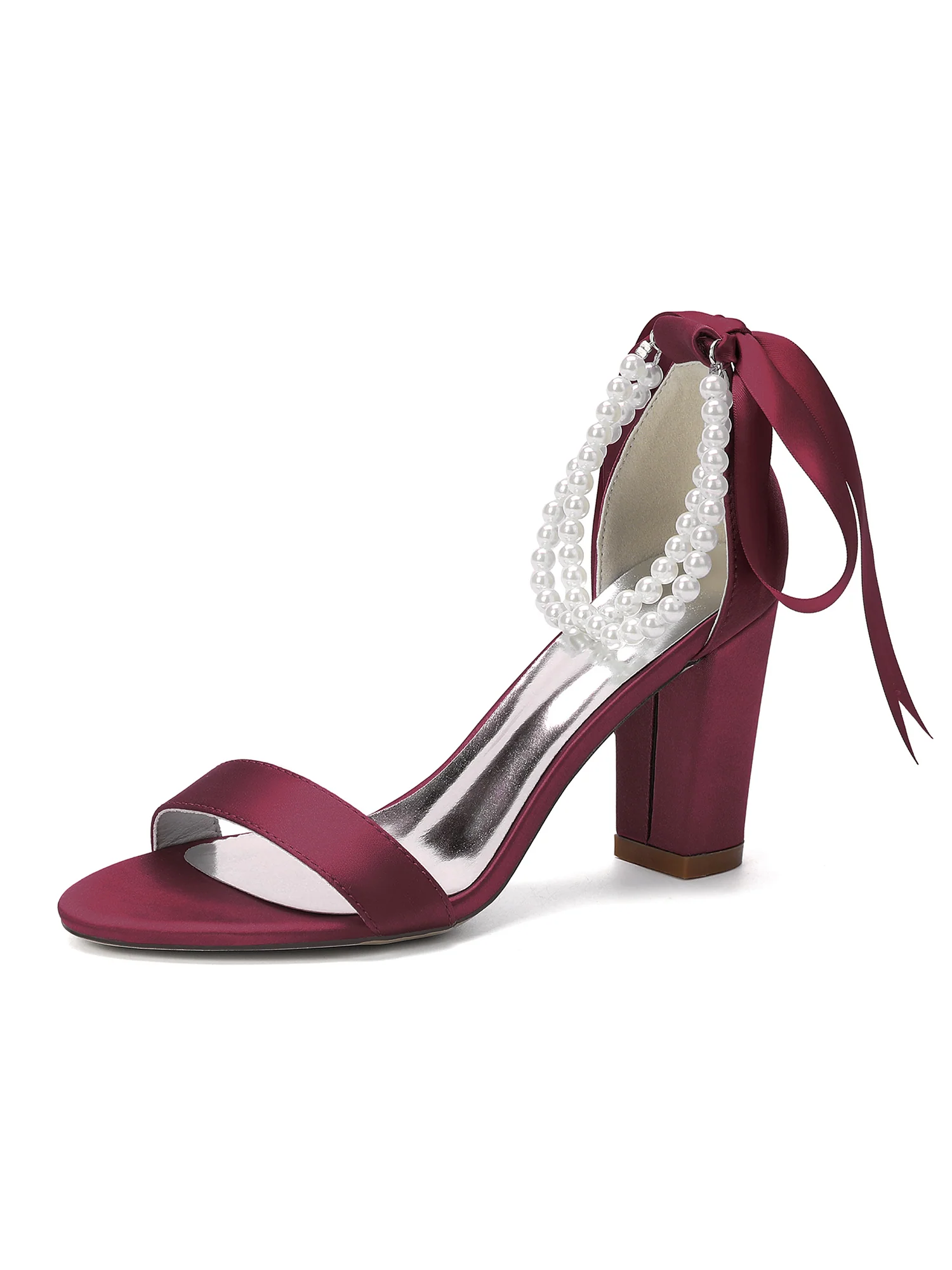 Double Pearl Ankle Strap Satin Block Heel Sandals - Image 2