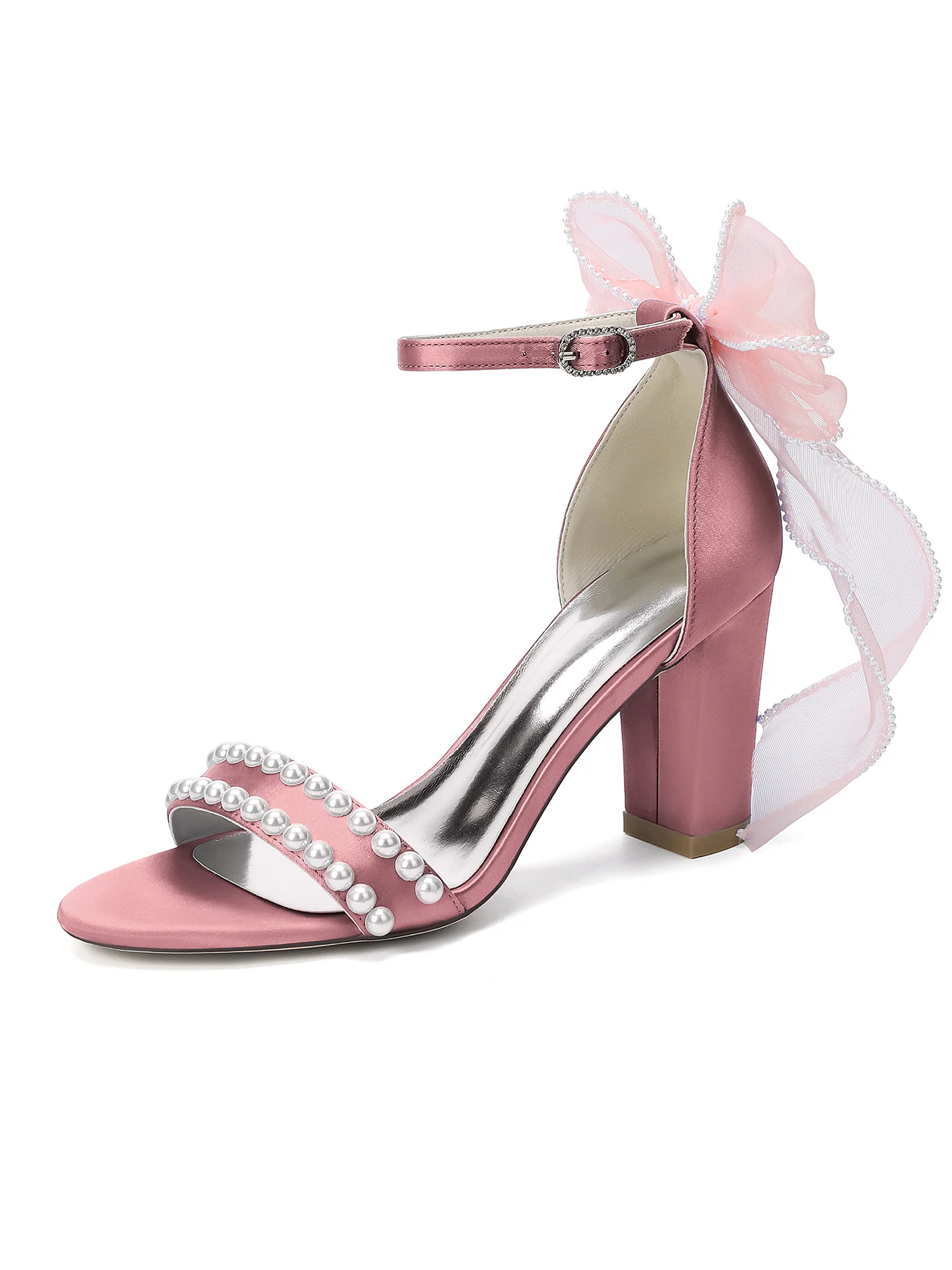Pearl Satin Block Heel Sandals with Tulle Bow - Image 4