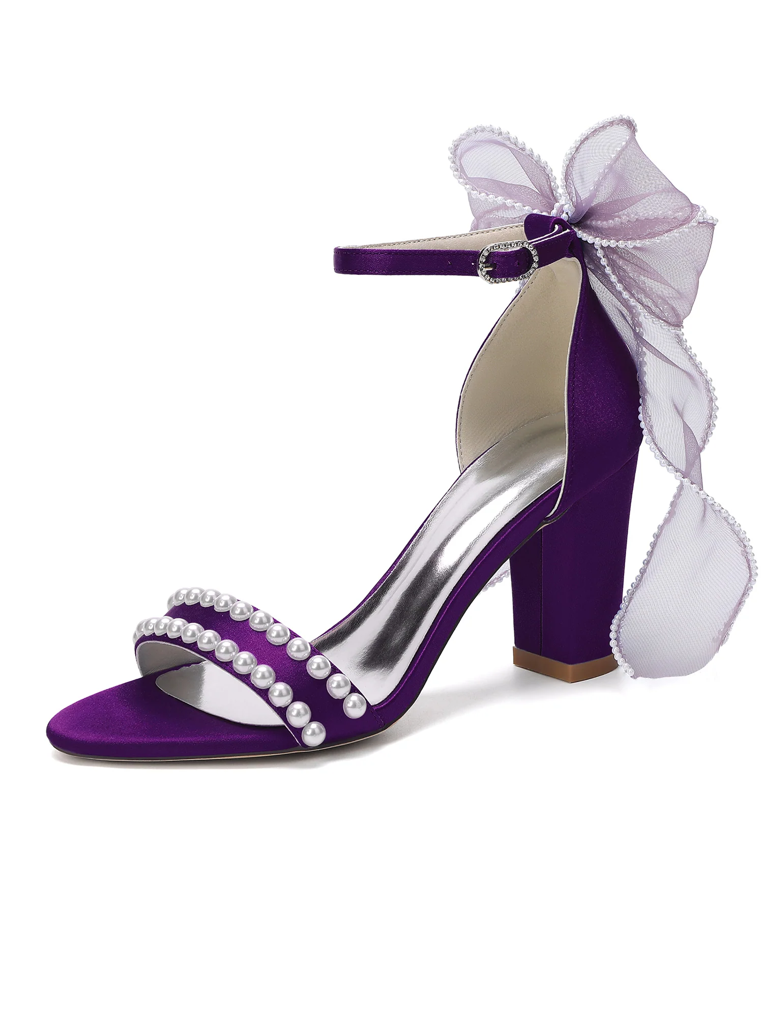 Pearl Satin Block Heel Sandals with Tulle Bow - Image 5