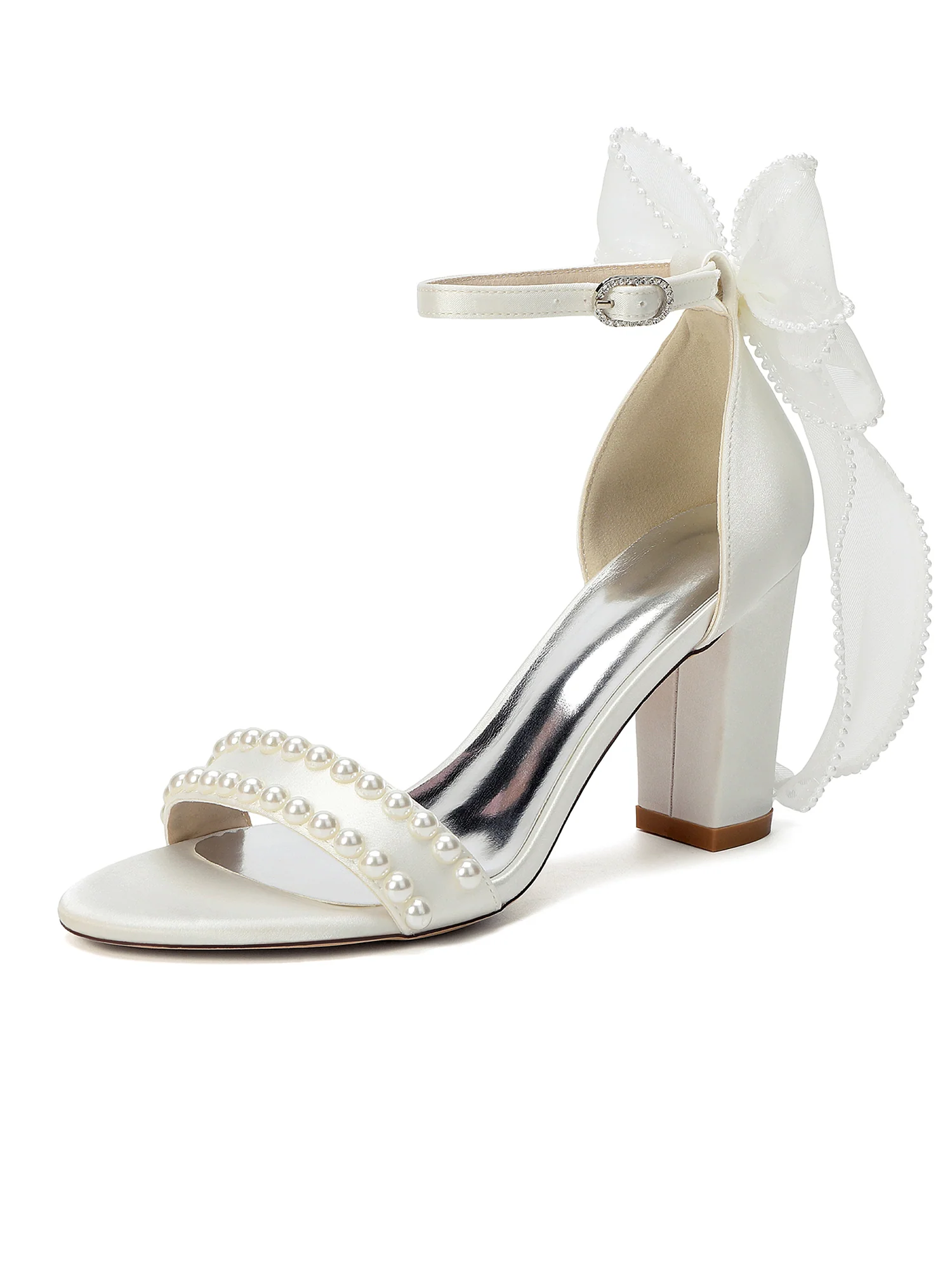 Pearl Satin Block Heel Sandals with Tulle Bow - Image 6