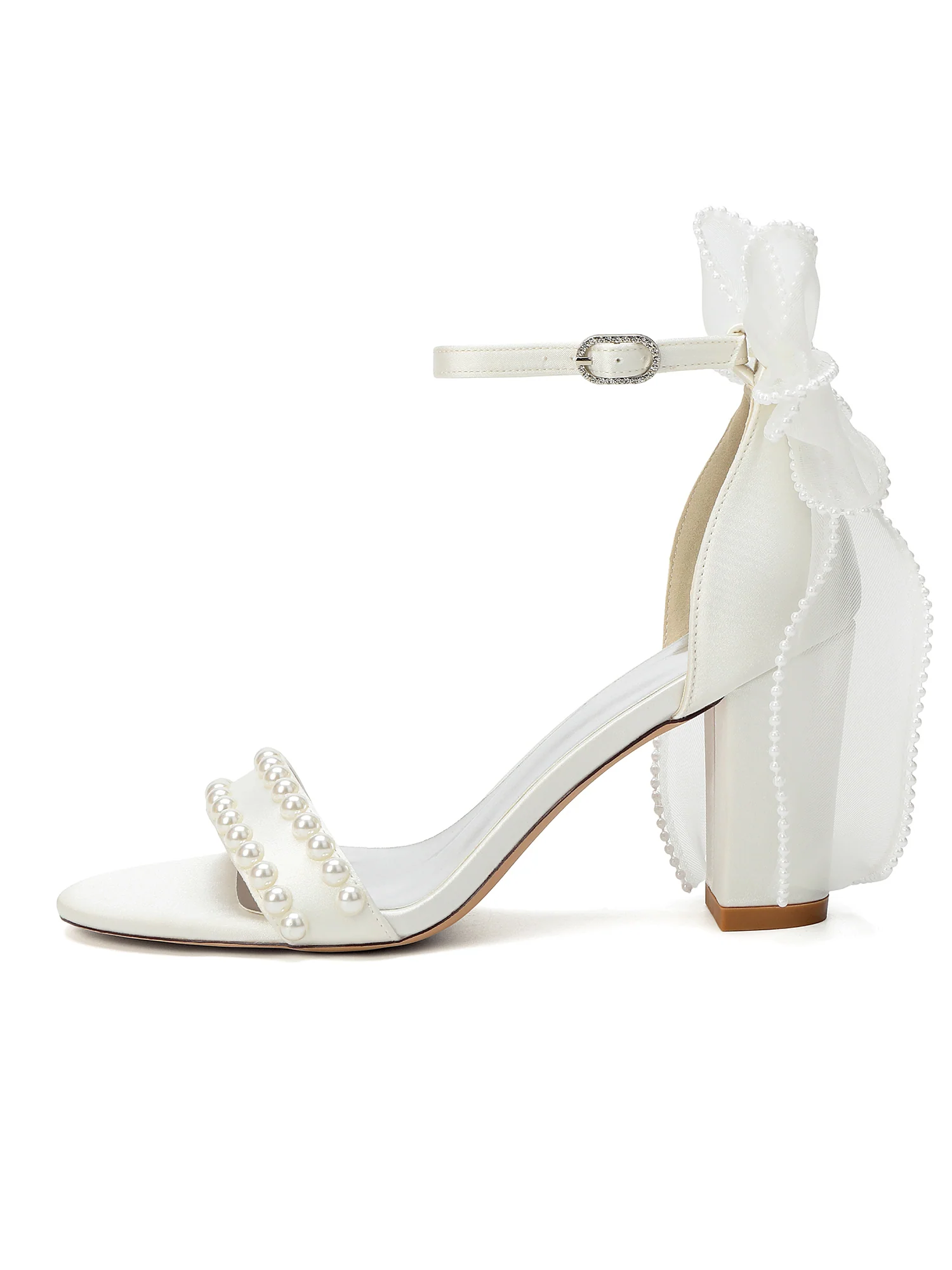 Pearl Satin Block Heel Sandals with Tulle Bow - Image 7