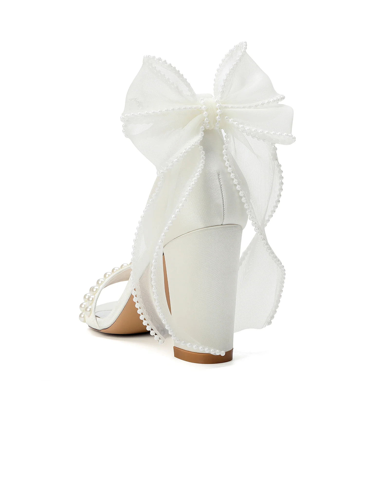 Pearl Satin Block Heel Sandals with Tulle Bow - Image 8