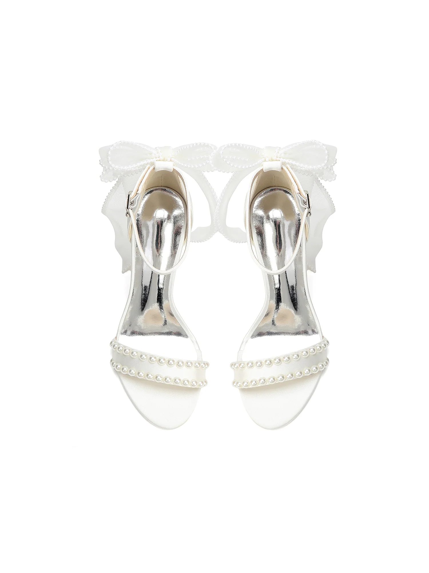 Pearl Satin Block Heel Sandals with Tulle Bow - Image 9