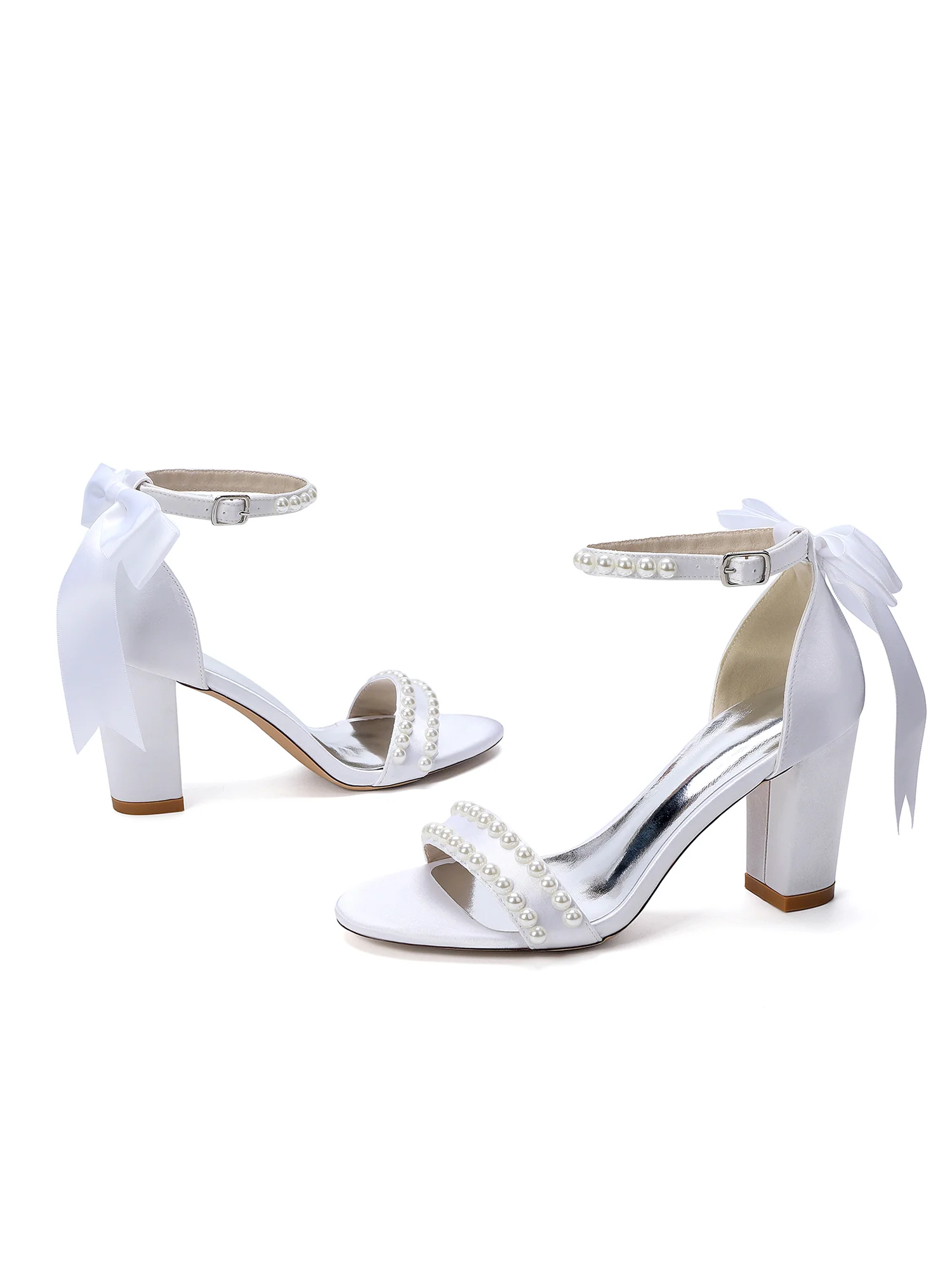 Pearl and Tulle Bow Satin Block Heel Sandals - Image 12