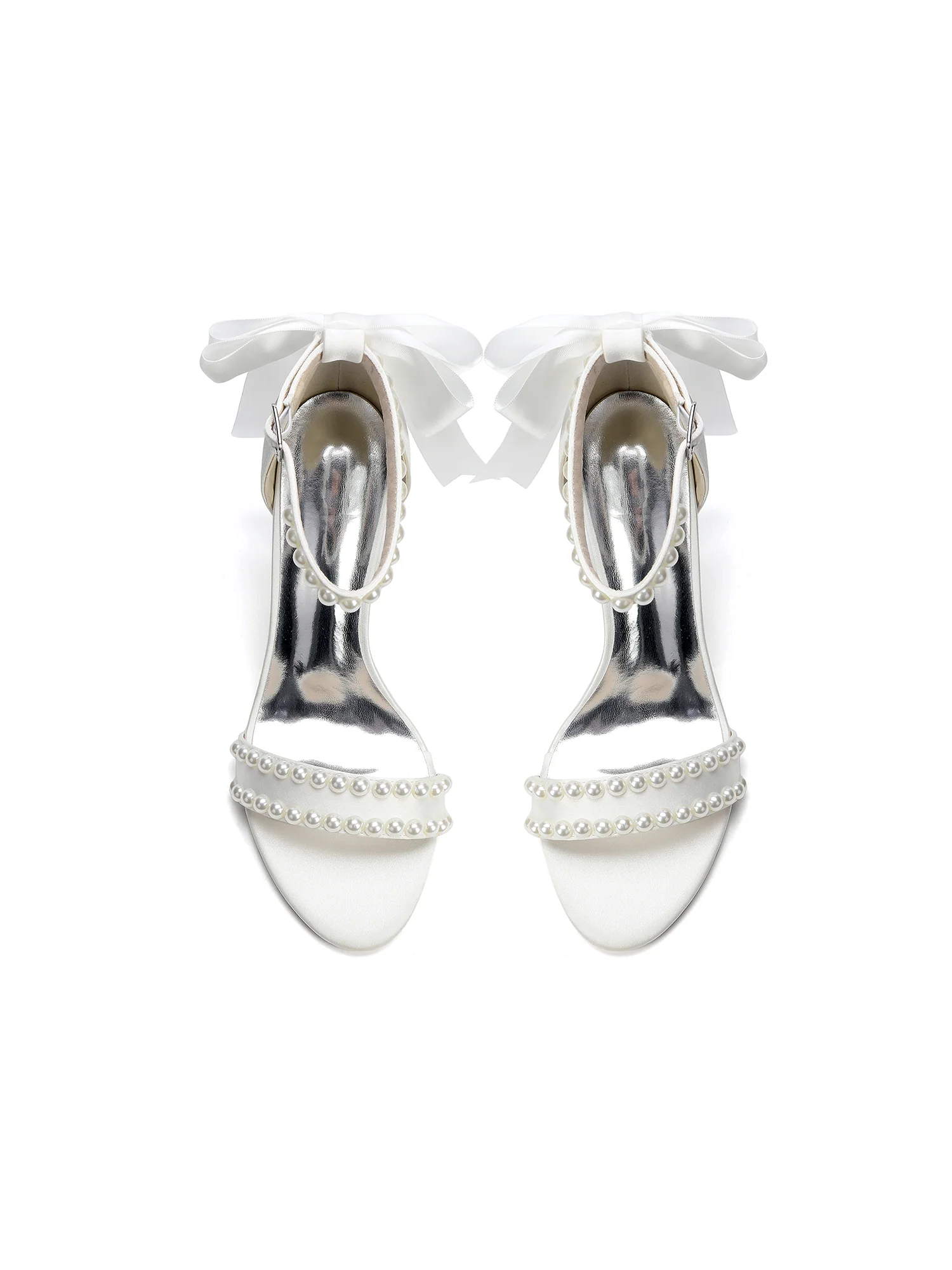 Pearl and Tulle Bow Satin Block Heel Sandals - Image 4